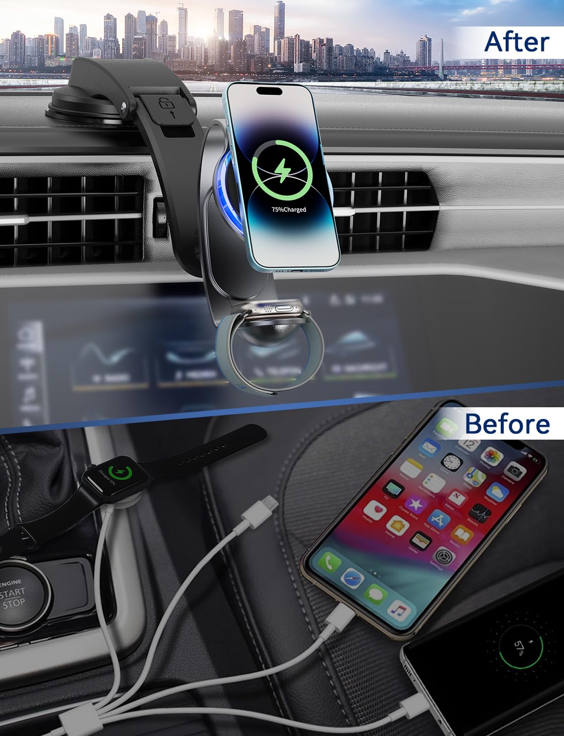 2-In-1 For Magsafe Car Charger Mount For Iphone & Apple Watch - 15W Fast Wireless Charging For Iphone 16/15/14/13/12, 3W For App