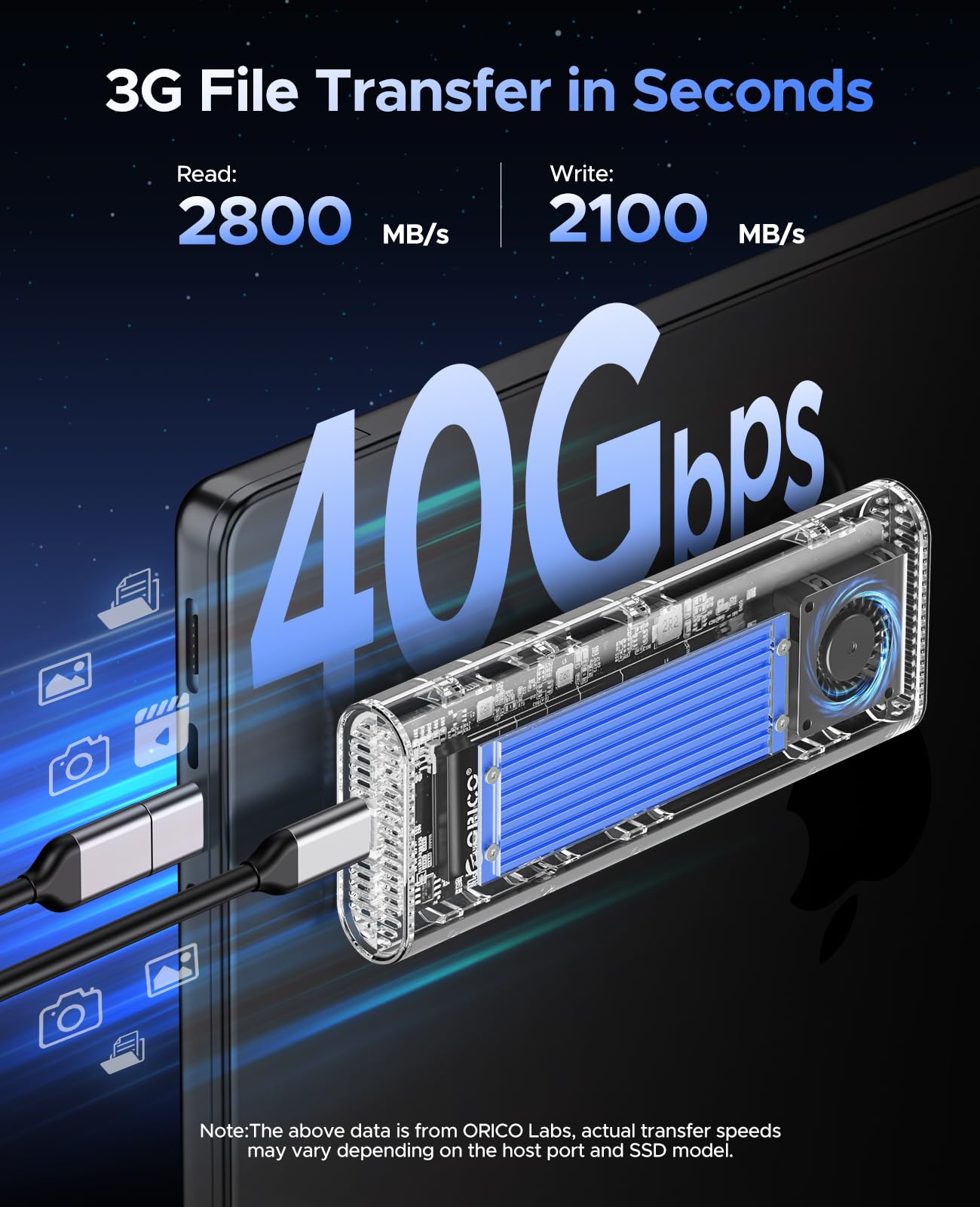 Orico 40Gbps M.2 Nvme Ssd Enclosure With Built In Cooling Fan, Tool Free External Hard Drive Enclosure, Support 2230 2242 2260 2