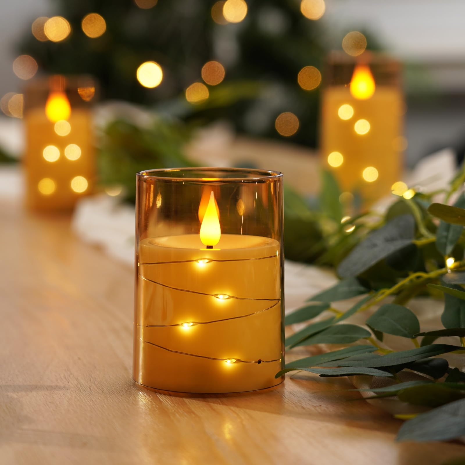 Amagic Flameless Candles 3 Set, Flickering Battery Operated Candles Embedded Fairy String Light, Realistic Pillar Candle With Re