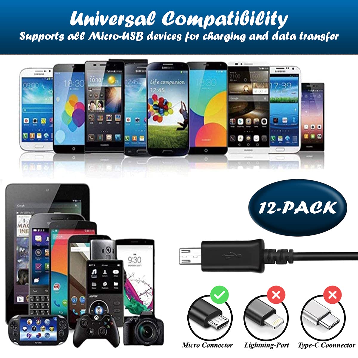 Teksonic [12 Pack Micro Usb Cable Multi Pack Bulk Lot   1 M/3.3 Ft Charging, Data Sync Fast Micro Usb To Usb A Cord For Samsung