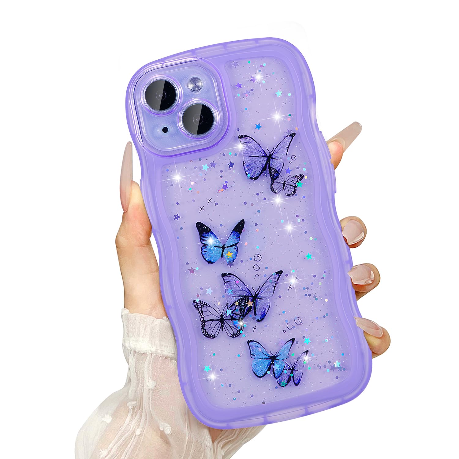 UEEBAI Wave Butterfly Case for iPhone 14 Plus Case, Pretty Bling Star Butterfly for Women Cute Shiny Glitter Phone Cover for Gir