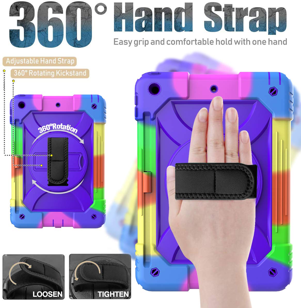 Bmouo Ipad 9Th Generation Case, Ipad 8Th/7Th Generation Case, Ipad 10.2 Case,Hybrid Shockproof [360 Rotating Stand] [Hand Strap]