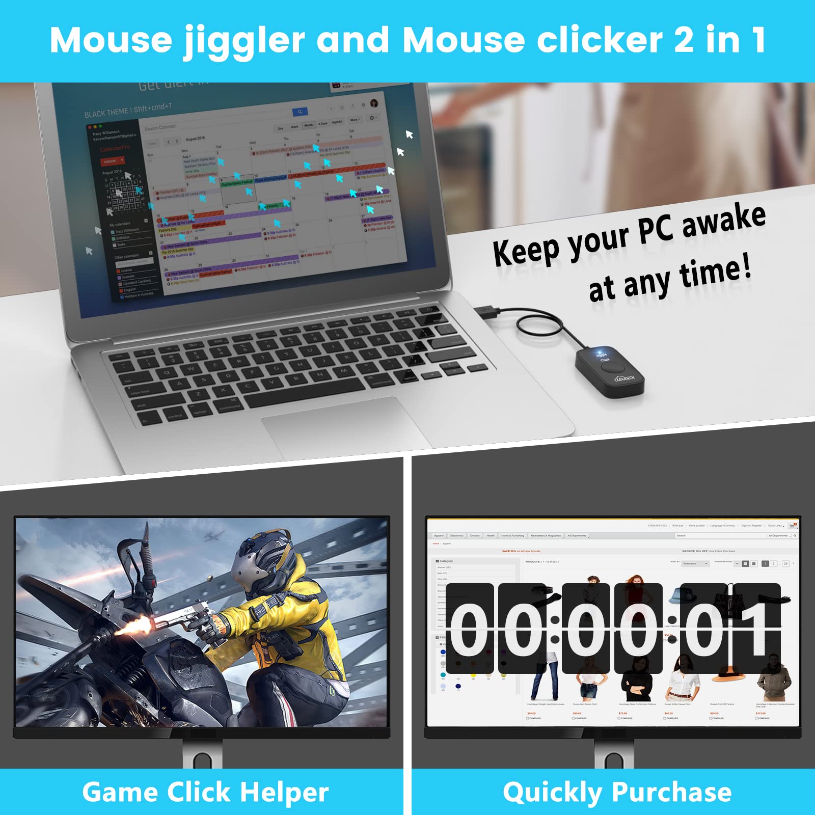 Cloudeck Mouse Jiggler Undetectable, Usb Mover, Gaming Automatic Continuous Click Device, Plug & Play, Simulate Mouse Pointer Movement To Prevent Pc Sleep