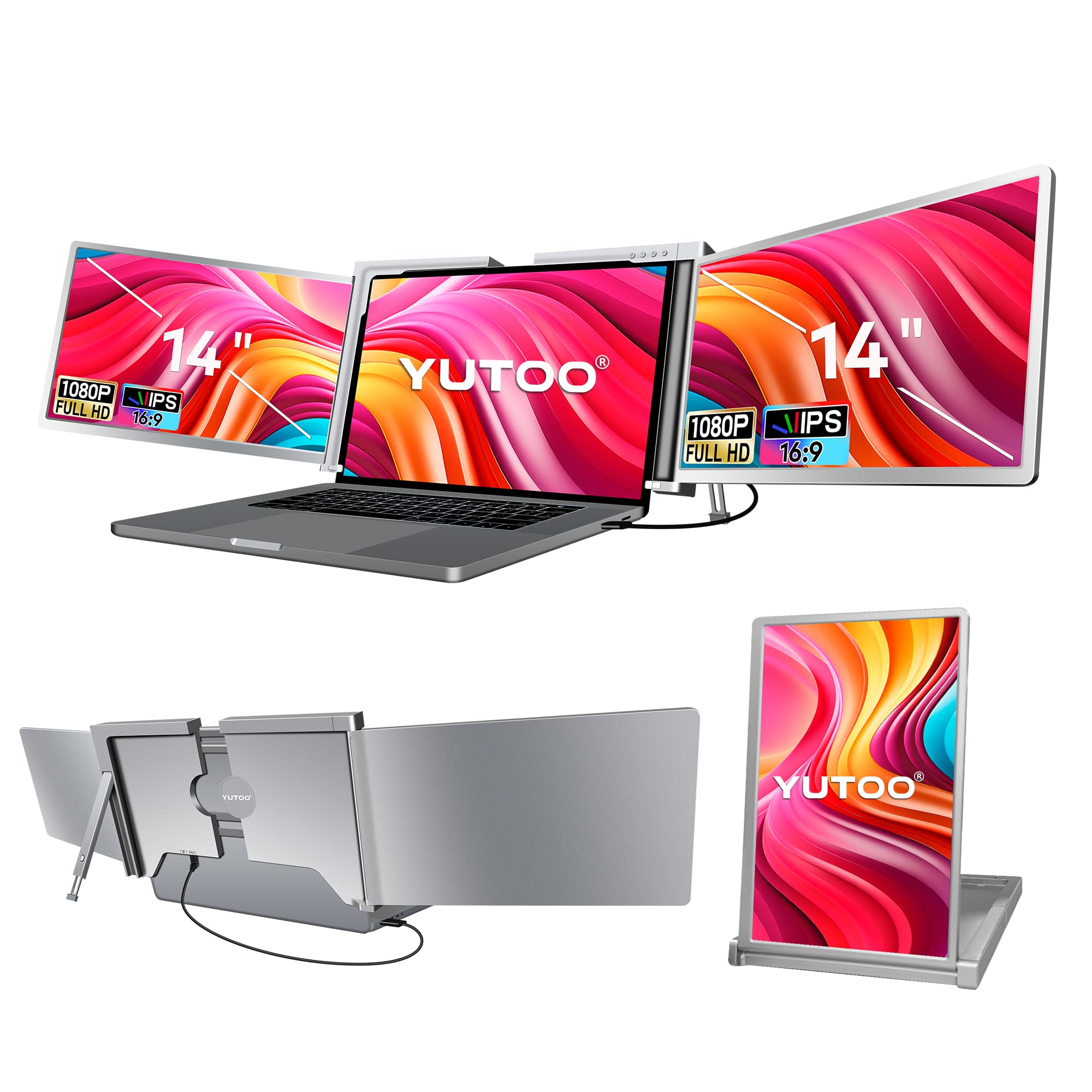 Yutoo Triple Laptop Screen Extender, [M1/M2/M3/Windows] [Only 1 Cable To Connect],Laptop Monitor Extender For Mac/Windows, 1080P