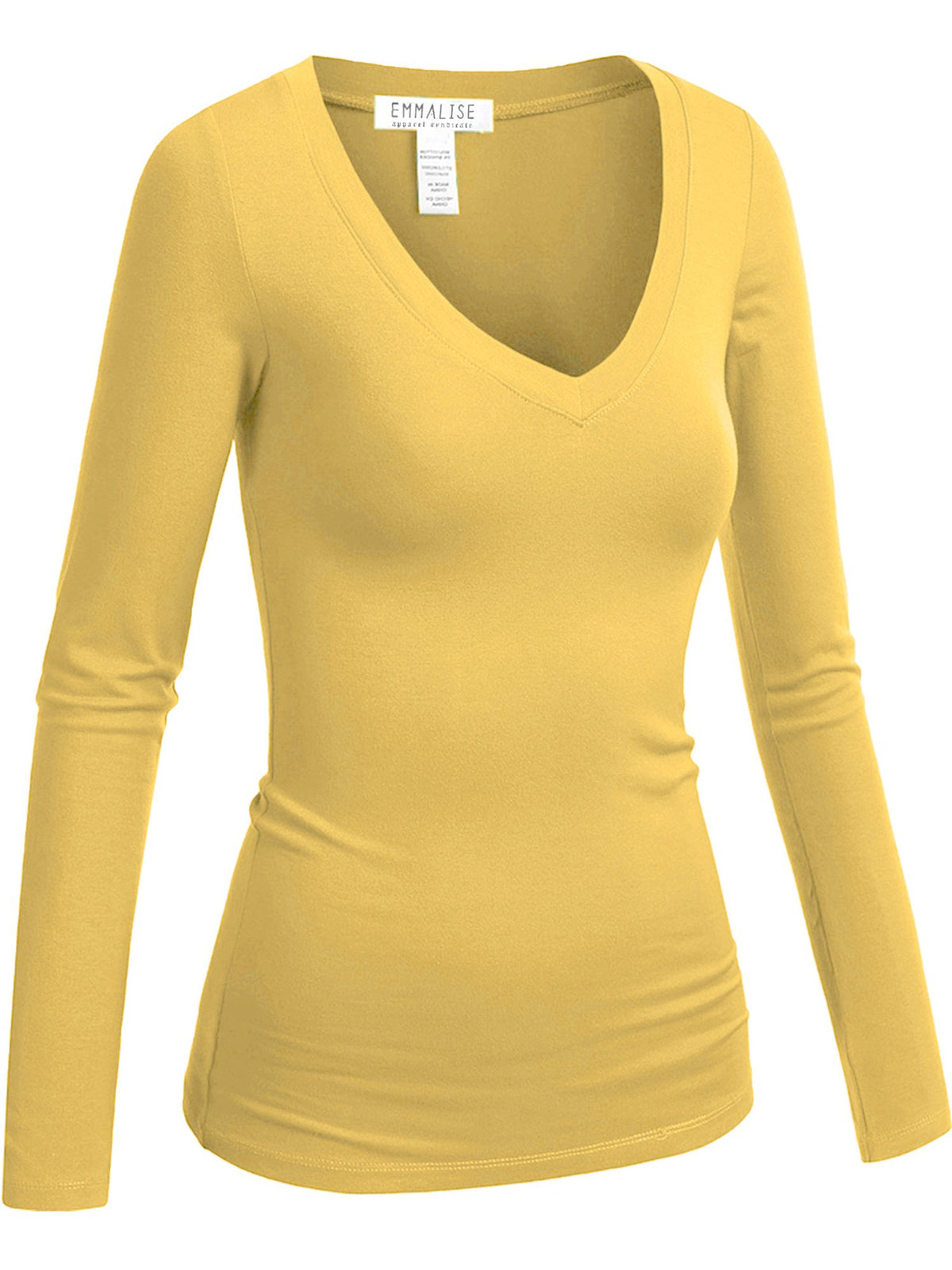 Emmalise Womens Junior And Plus Size Vneck Tshirt Long Sleeves Shirt Tee, 1Xl, Light Yellow