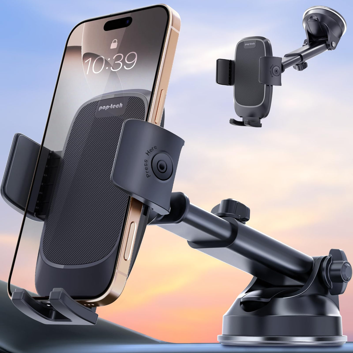 Pop-Tech Phone Mount For Car, [Military-Grade Suction] Universal Cell Phone Holder For Your Car Dashboard Windshield Window, Aut