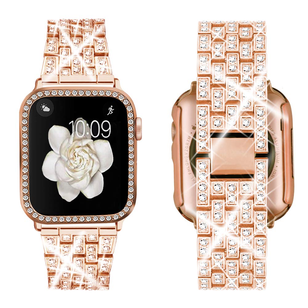 Supoix Compatible With Apple Watch Band 44Mm + Case, Women Jewelry Bling Diamond Rhinestone Replacement Metal Strap &Soft Tpu Pr