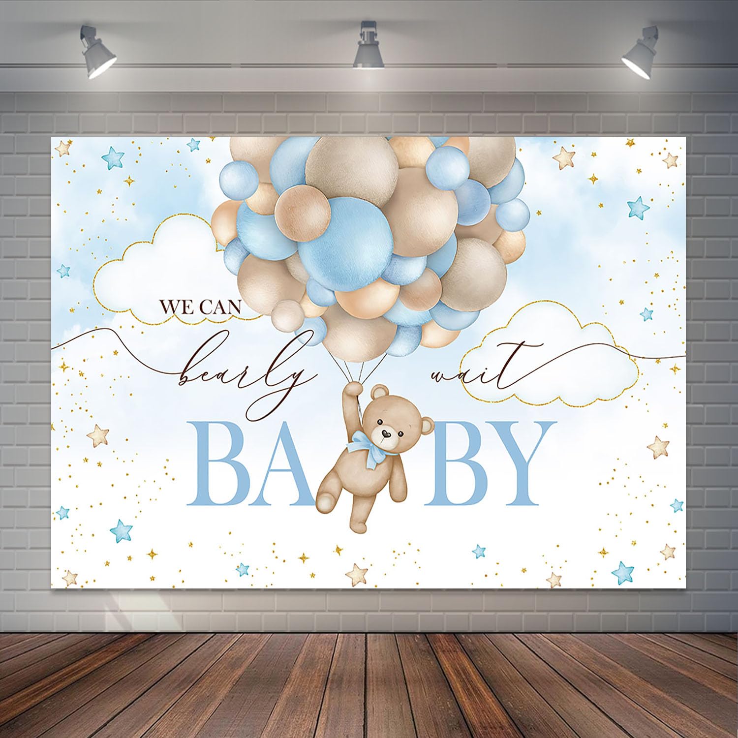 Joliaco 7X5Ft Blue Bear Hot Air Balloon Backdrop Watercolor Balloons Bear Baby Shower Party Decorations For Boy We Can Bearly Wa
