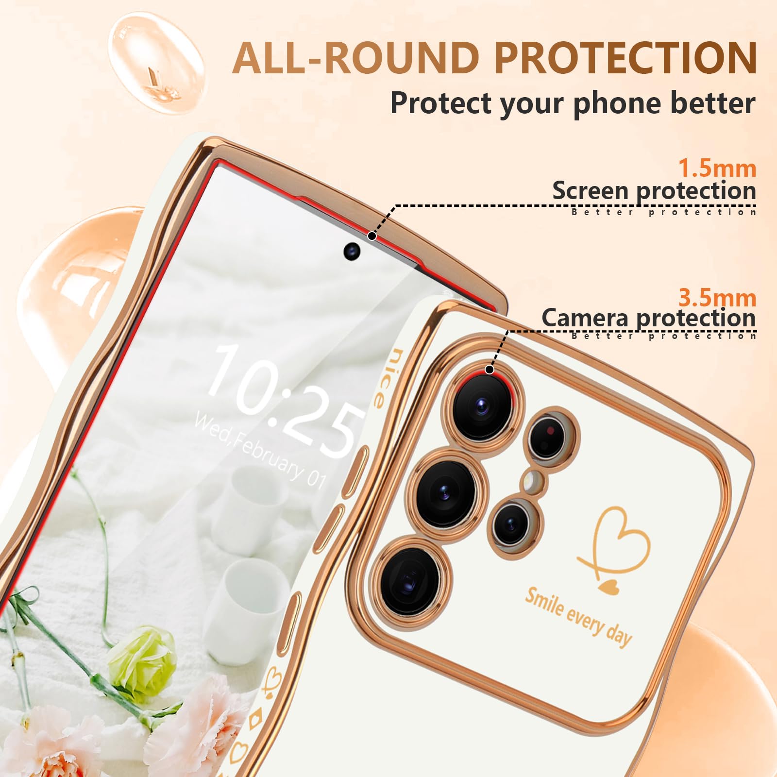 Lchulle For Samsung Galaxy S22 Ultra Case For Women Girls, Cute Wave Frame Curly Shape With Love Heart Raised Camera Protection