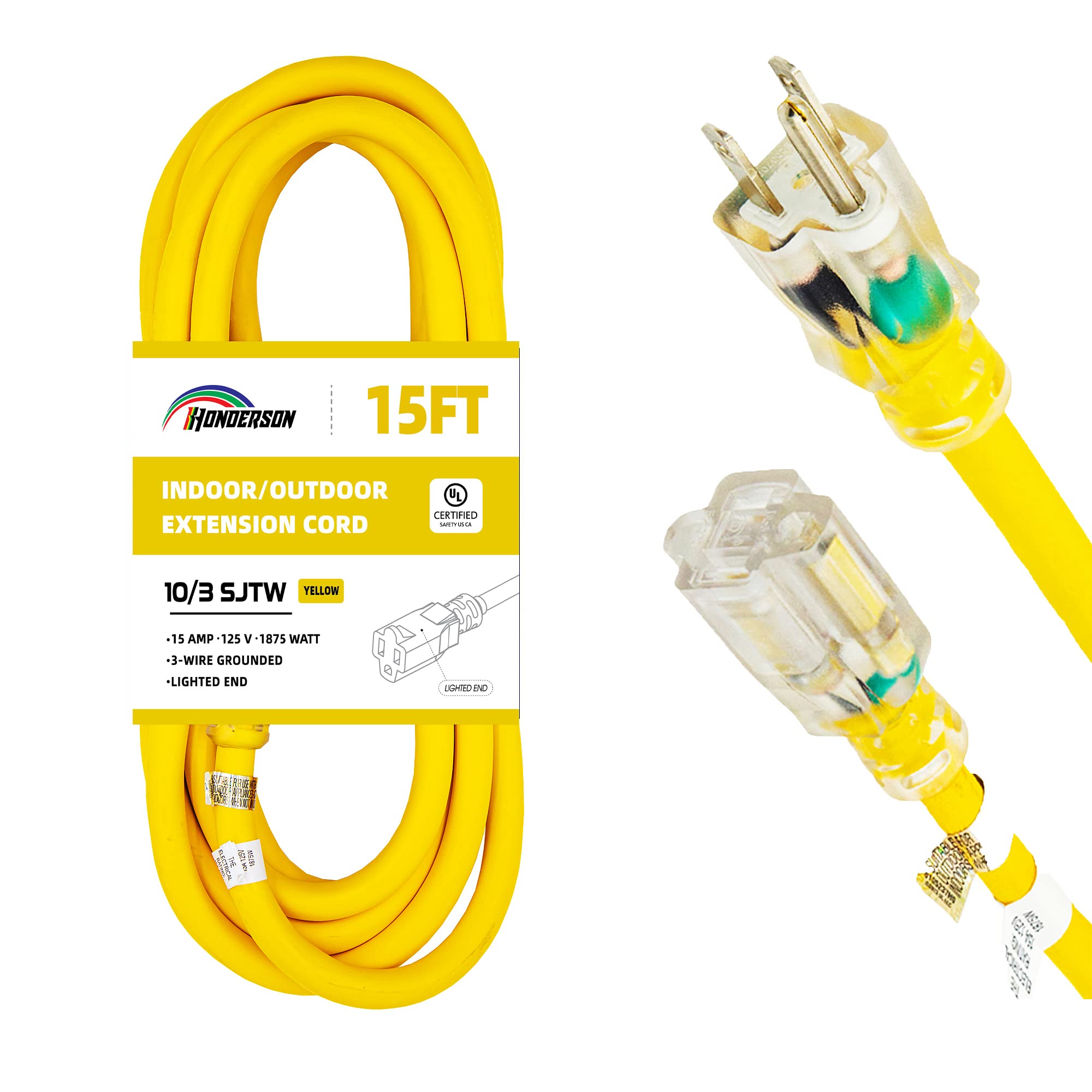 Honderson Indoor Outdoor Extension Cord Weatherproof With Lighted End, Ul Listed, 10 Gauge 15Ft Yellow 3 Prong Heavy Duty Extens