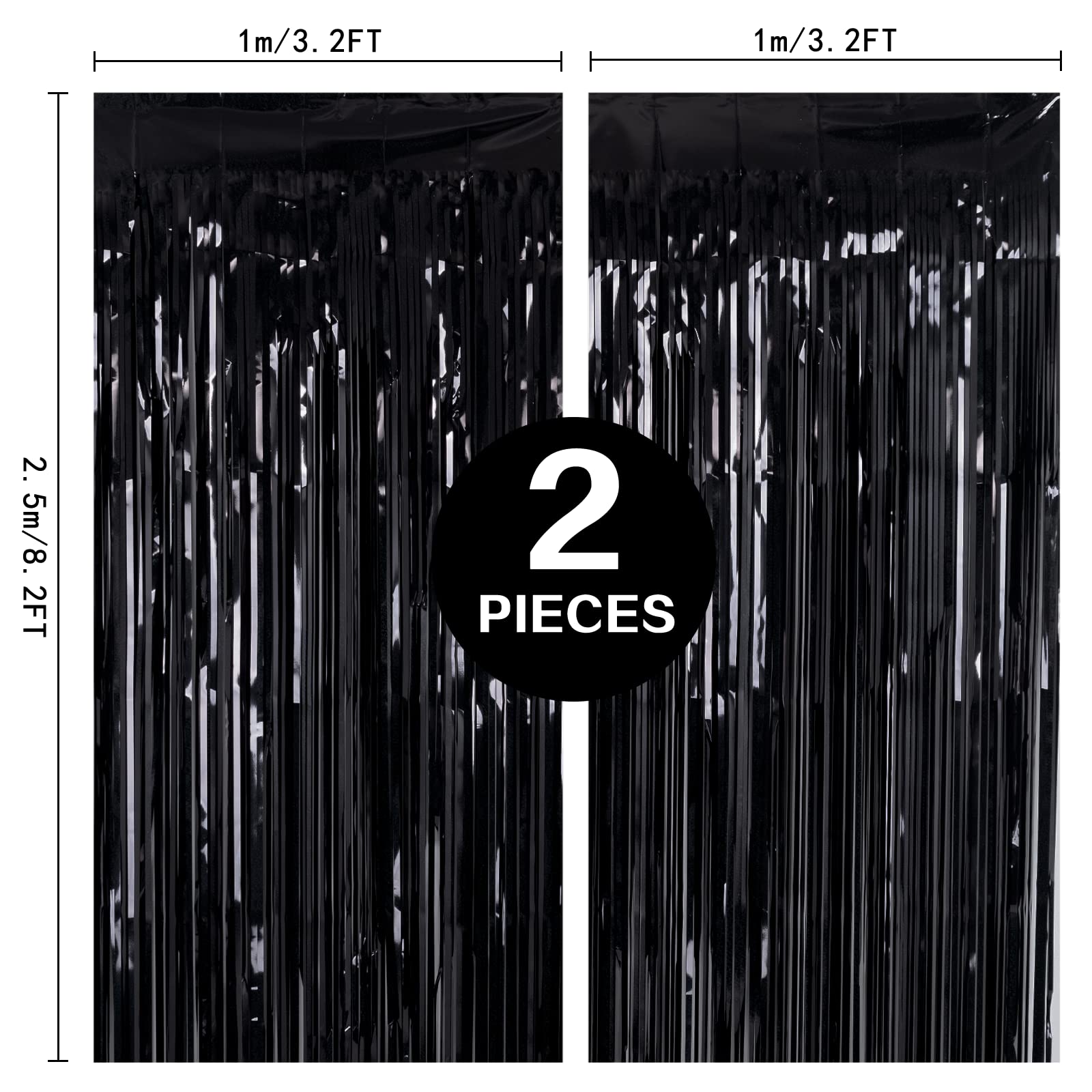 2 Pack 3.2Ft X 8.2Ft Black Tinsel Foil Fringe Curtains, Metallic Foil Tinsel Photo Booth Backdrop Streamer For New Years Decorat