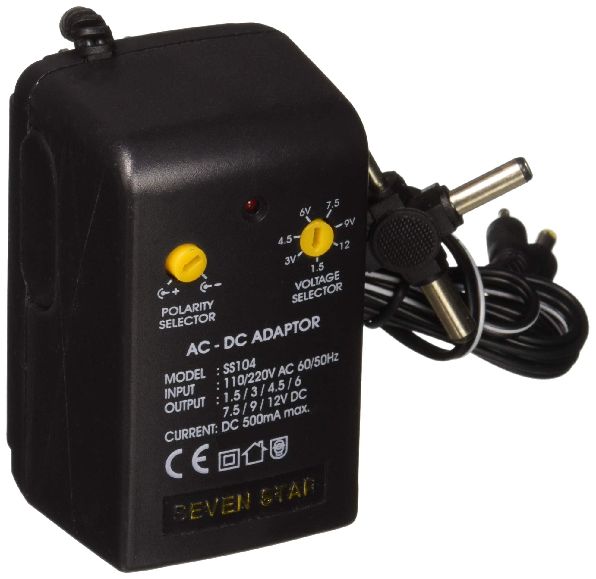 Seven Star 1.5V, 3V, 4.5V, 6V, 7.5V, 9V, 12V DC, 500mA Regulated Universal AC to DC Converter with Multiple Connector Ends