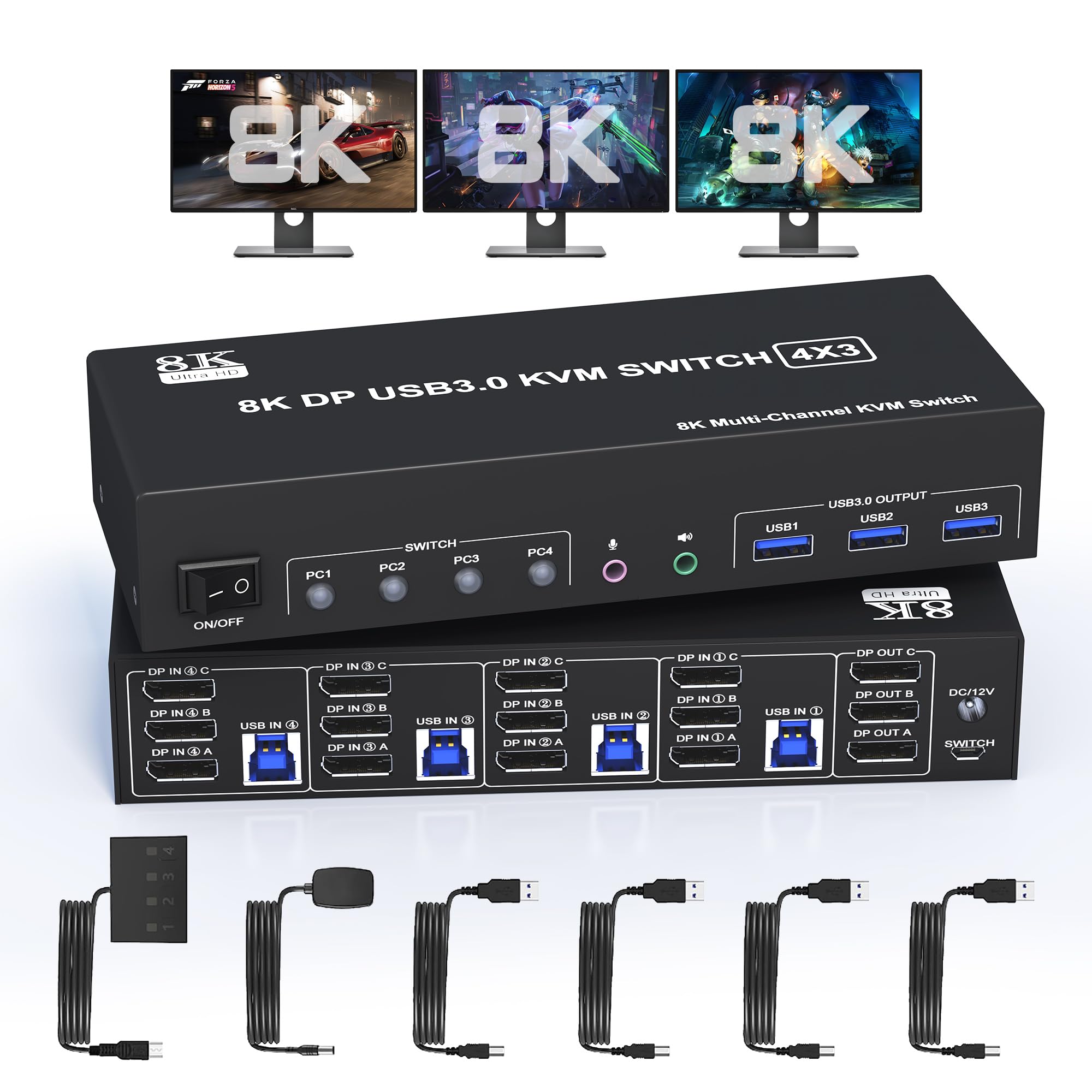 8K@60Hz Displayport Kvm Switch 3 Monitors 4 Computers 4K@144Hz, Dp 1.4 Kvm Switch Triple Monitor For 4 Computer With Audio And 3