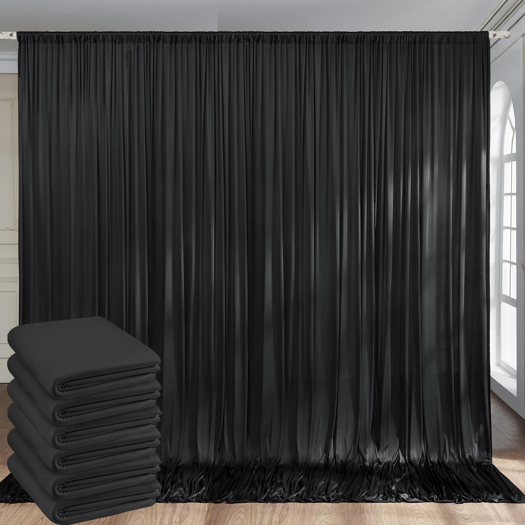 30Ft X 10Ft Wrinkle Free Black Backdrop Curtains For Parties, Thick Polyester Black Photo Backdrop Drapes Panels For Birthday We