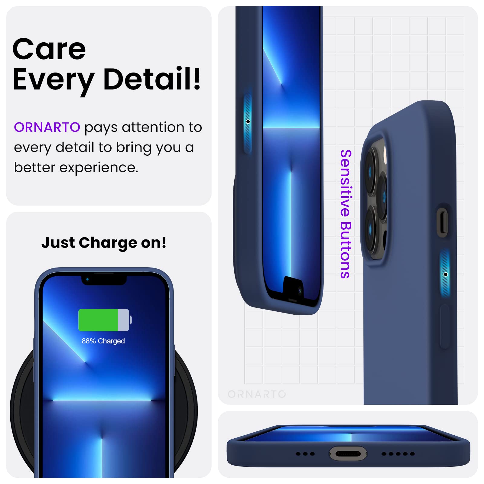 Ornarto Compatible With Iphone 13 Pro Case 6.1, Slim Liquid Silicone 3 Layers Full Covered Soft Gel Rubber Case Cover 6.1 Inch N