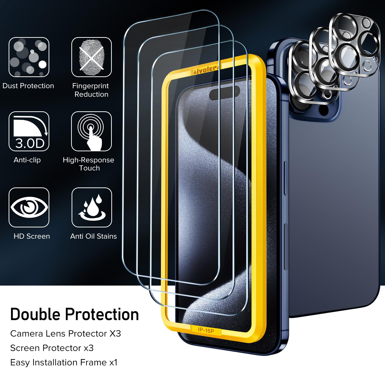 Ivoler 3+3 Pack Tempered Glass For Iphone 15 Pro Screen Protector 6.1'' [3 Pack] With [3 Pack] Camera Lens Protector With [Align