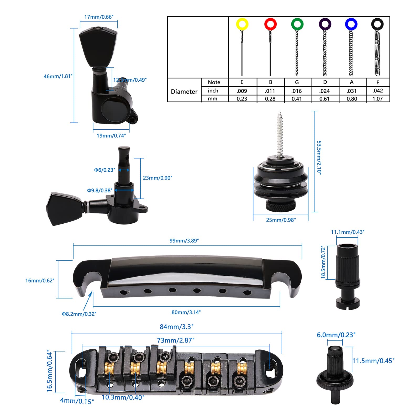 Unxuey Guitar Roller Saddle Tune O Matic Guitar Bridge And Tailpiece For Lp Electric Guitar, With 3L3R String Tuning Pegs, 6Pcs