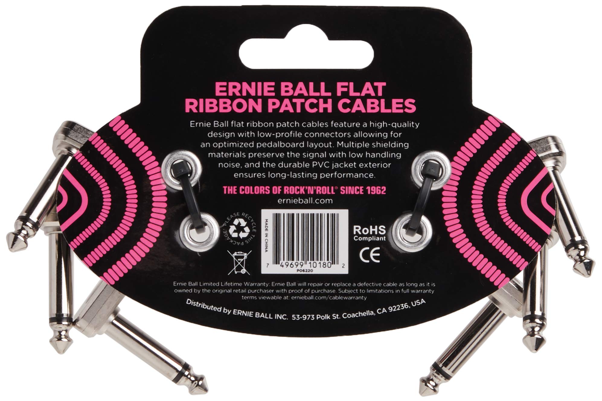 Ernie Ball Flat Ribbon Patch Cable 3 Pack, 3In, Black (P06220)