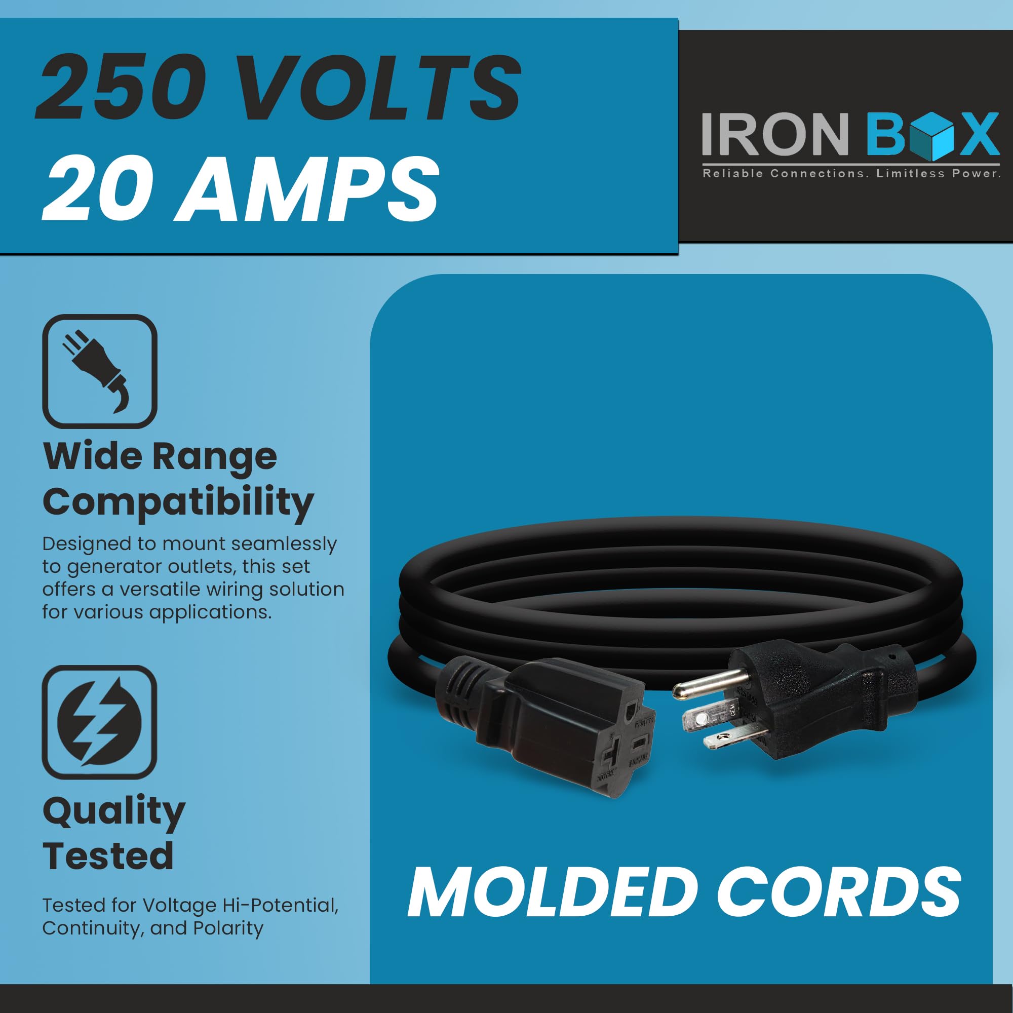Ironbox Electric   Nema 6 20 Extension Cord   12/3 Sjt Jacket, 20A, 250V Extension Cord   Compatible With Any Generator Equipped