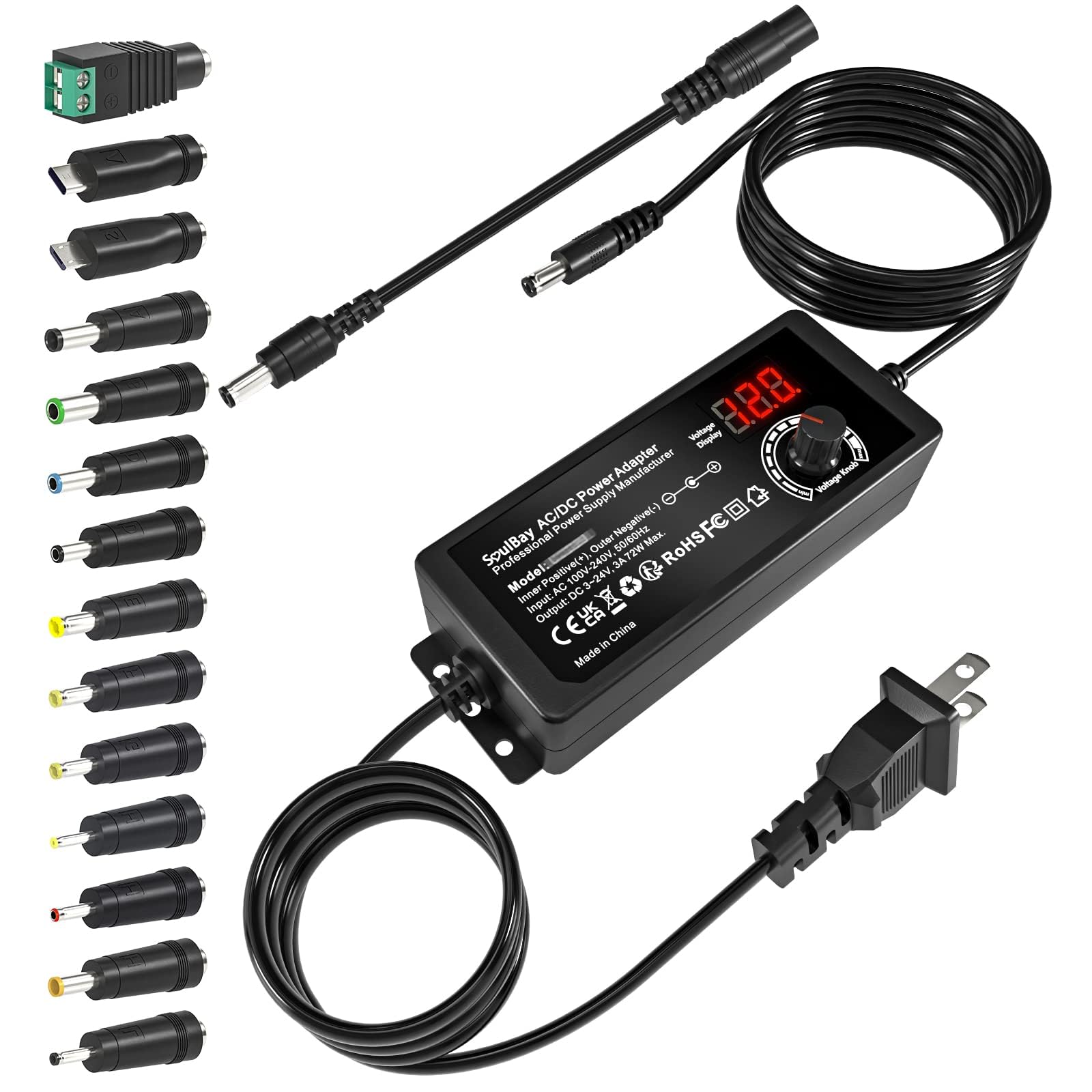 Soulbay Universal Ac Dc Power Supply Adapter 72W 3V To 24V Output With Adjustable Voltage & Volt Display For Household Electronics, 14Pcs Tips & 1Pc Reverse Polarity Cable Included, 3000Ma Max