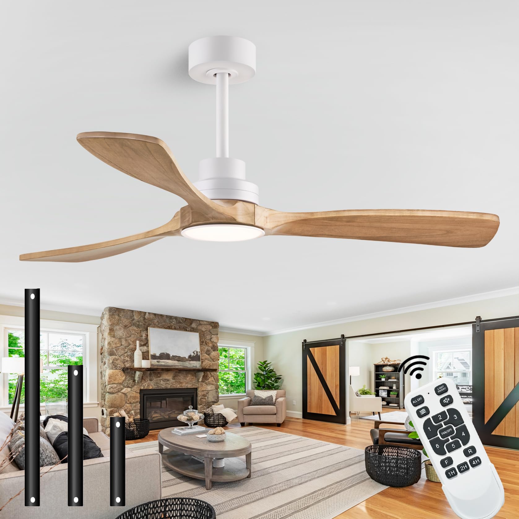Dearnow 52'' Wood Ceiling Fans With Light With Remote Control Ceiling Fan With 3 Wood Blades, Solid Wood Ceiling Fan Indoor Outd