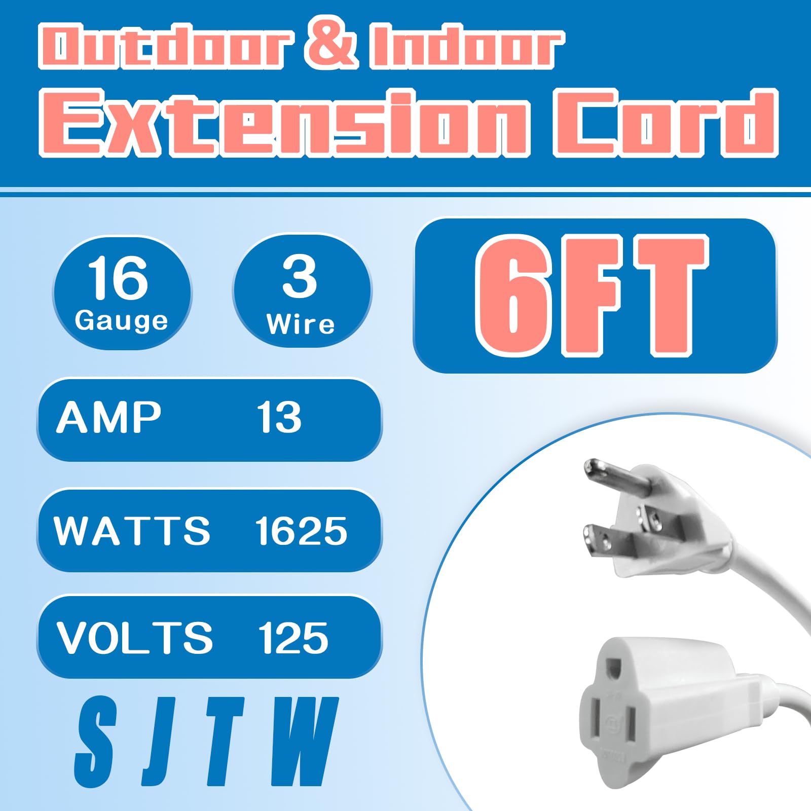 Greatide Indoor Outdoor Extension Cord 6 Ft, 16/3 Sjtw Weatherproof White Electrical Cords, 13 Amp Heavy Duty 3 Prong Power Cabl