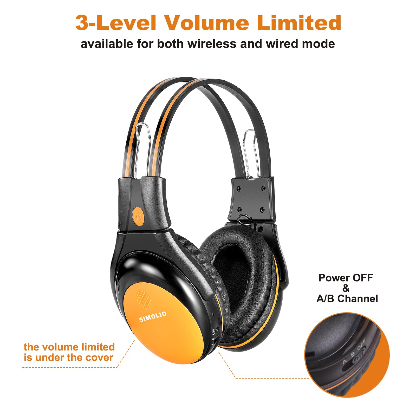 Simolio 4 Pack Of Car Kids Headphones With Adjustable 3 Level Volume Limited, Wireless Dvd Headphones, 2 Channel Ir Wireless Car