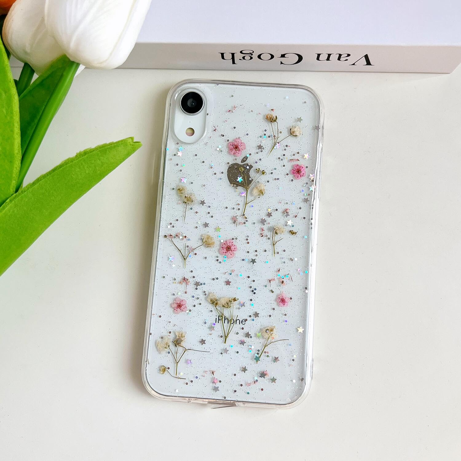Lseeka For Iphone Xr Clear Case With Pressed Real Flowers Design,Glitter Cute Pink Floral Pattern Slim Soft Tpu Shockproof Prote