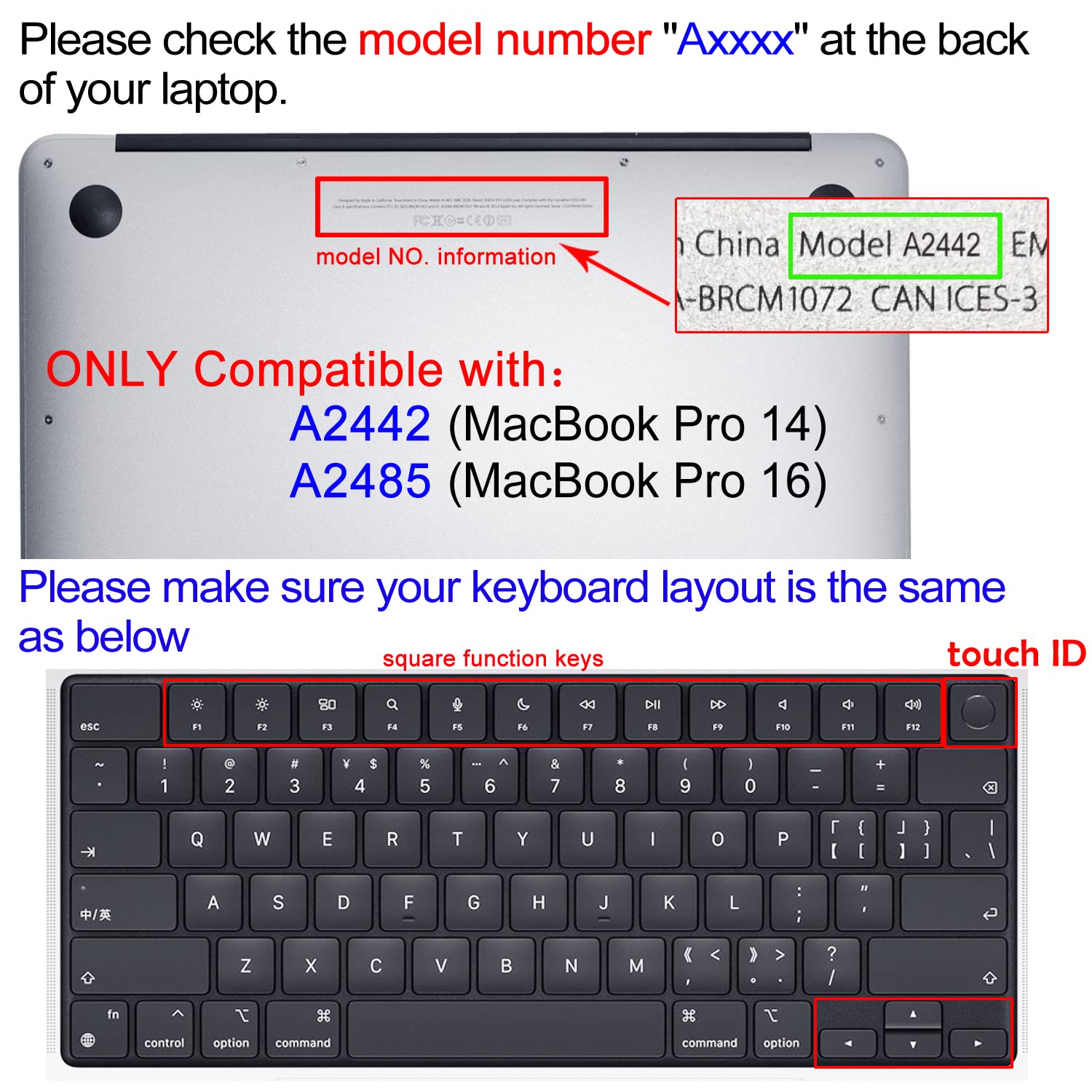 Wslucko Keyboard Cover Skin For 2021 2024 Macbook Pro 14''/16    (Model: A2442 A2485 A2992 A2779 A2780 A2991 A2918 M1 M2/M3 Pro