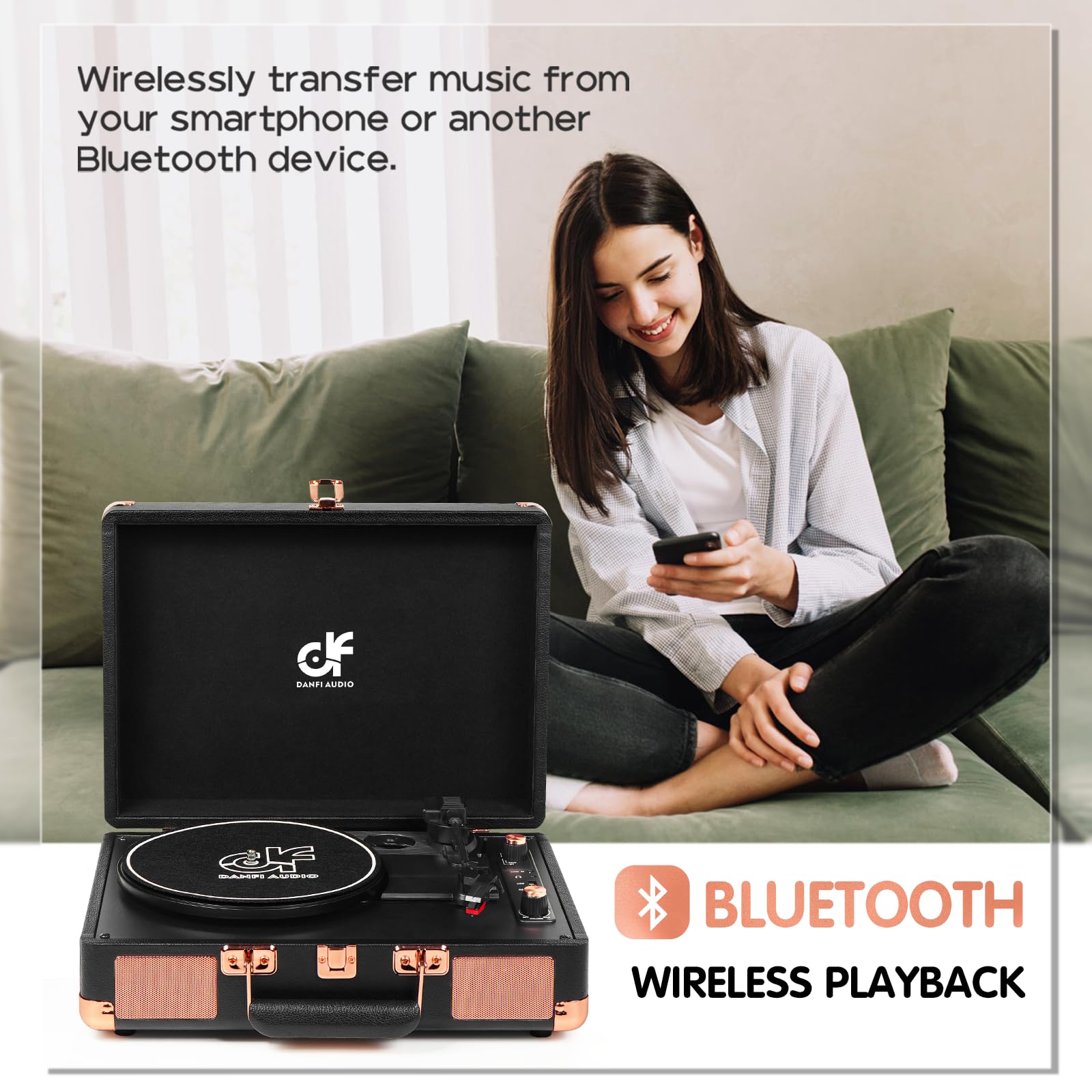 Record Player 3 Speed Portable Suitcase Vinyl Record Player With Built In Speakers, Bluetooth Input, Usb Recording, Rca Out/Aux