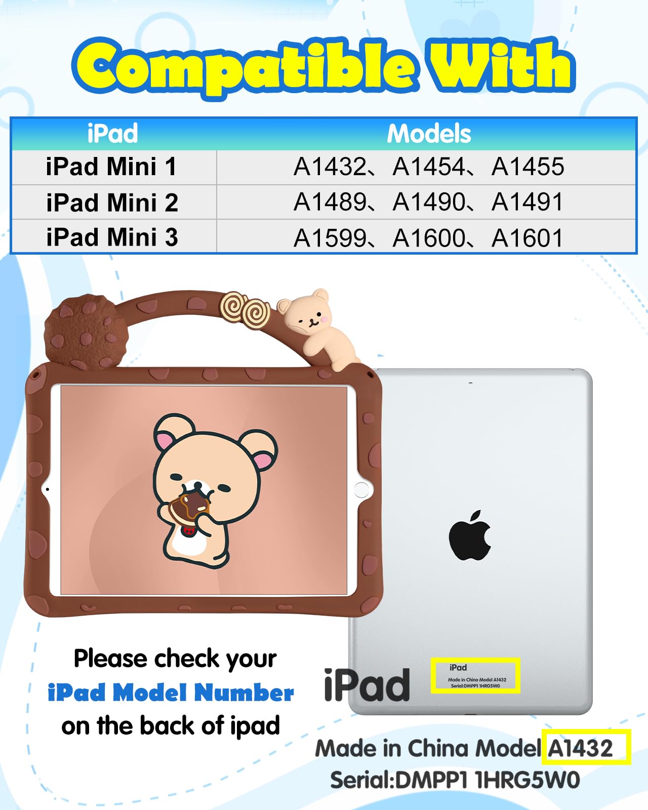 Wazzasoft For Ipad Mini 1/2/3 Case 7.9 Inch Girls Boys Cute Kawaii Cover 3D Cartoon Girly Women Bear Soft Silicone With Rotating