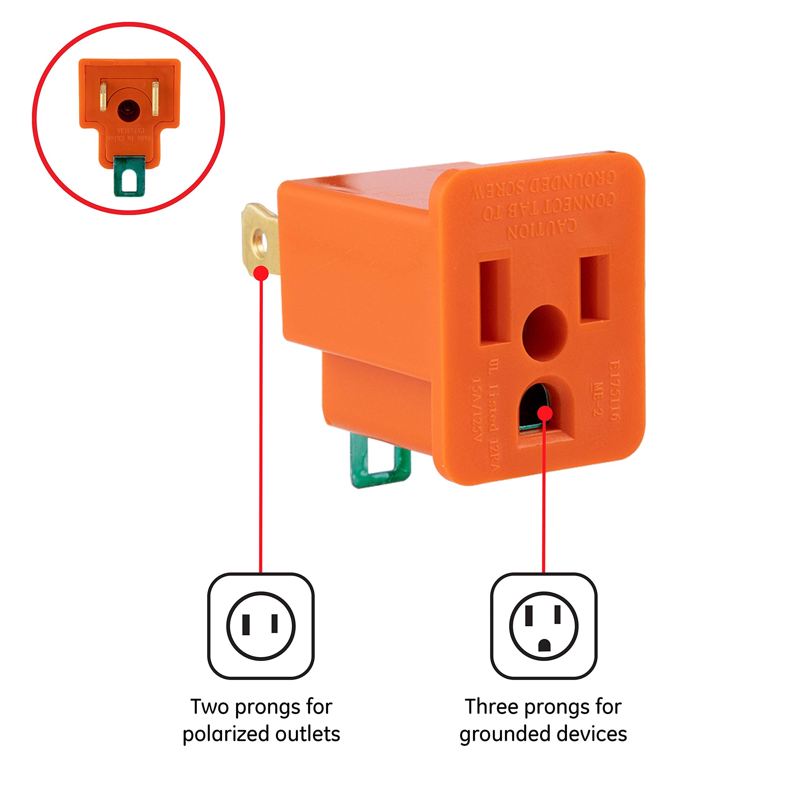 Ge Polarized Grounding Outlet Extender, 2 Pack, Turn 2-Prong Into 3, Easy To Install, Indoor, Ul Listed, Orange, 14404
