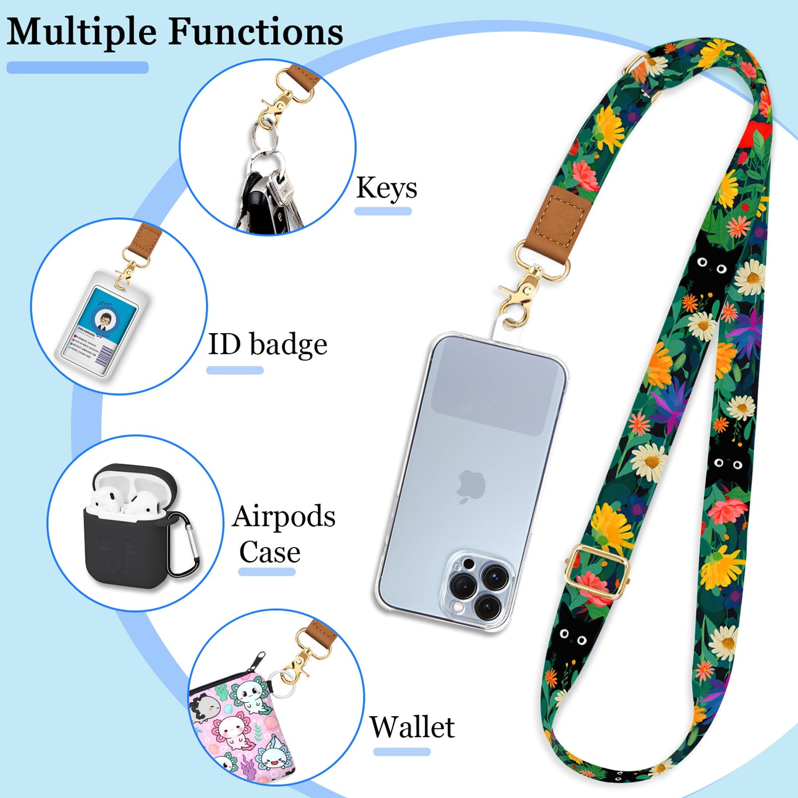 Yonlevres Phone Lanyard Crossbody With Wrist Strap, Flower Cat Cell Phone Lanyards For Around The Neck Wristlet Adjustable Phone