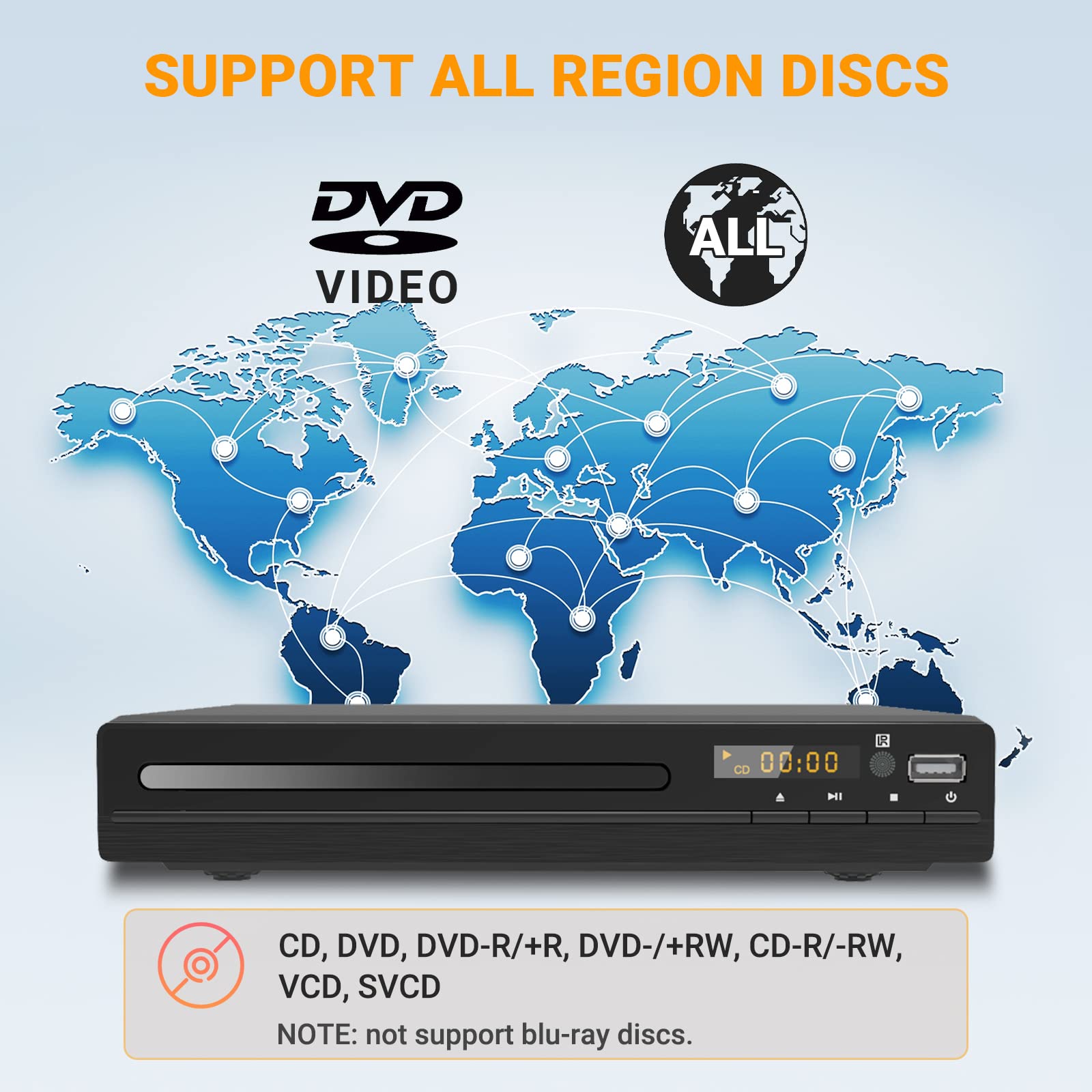 Dvd Player, Hdmi Region Free Dvd Players For Smart Tv, 1080P Upscaling, Usb Input, Hdmi/Rca Output Cable Included, Breakpoint Me