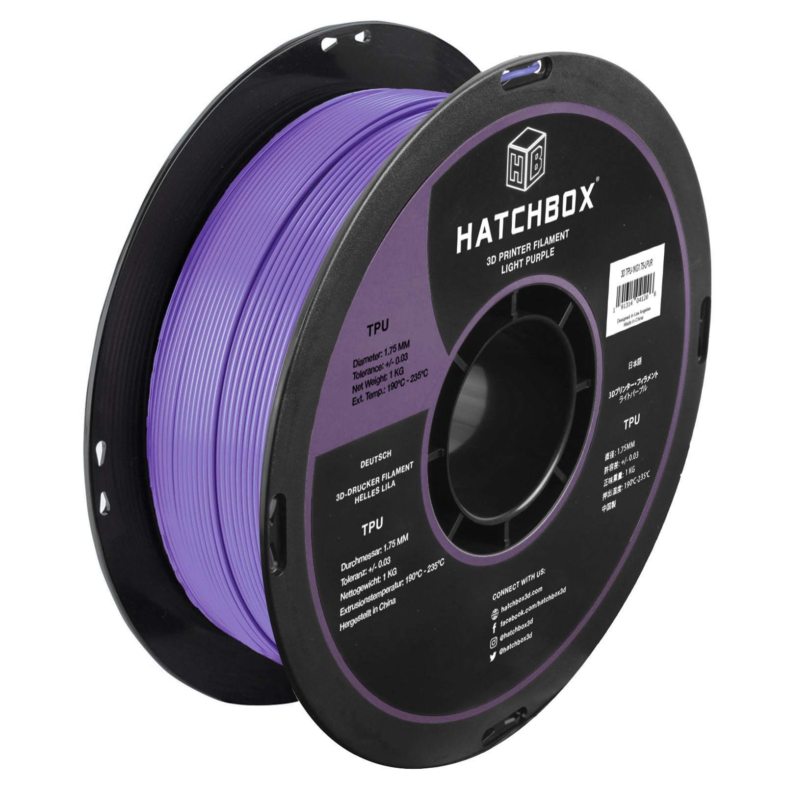 HATCHBOX 1.75mm Light Purple TPU 3D Printer Filament Shore 95A, 1 KG Spool, Dimensional Accuracy +/- 0.03 mm, 3D Printing Filame