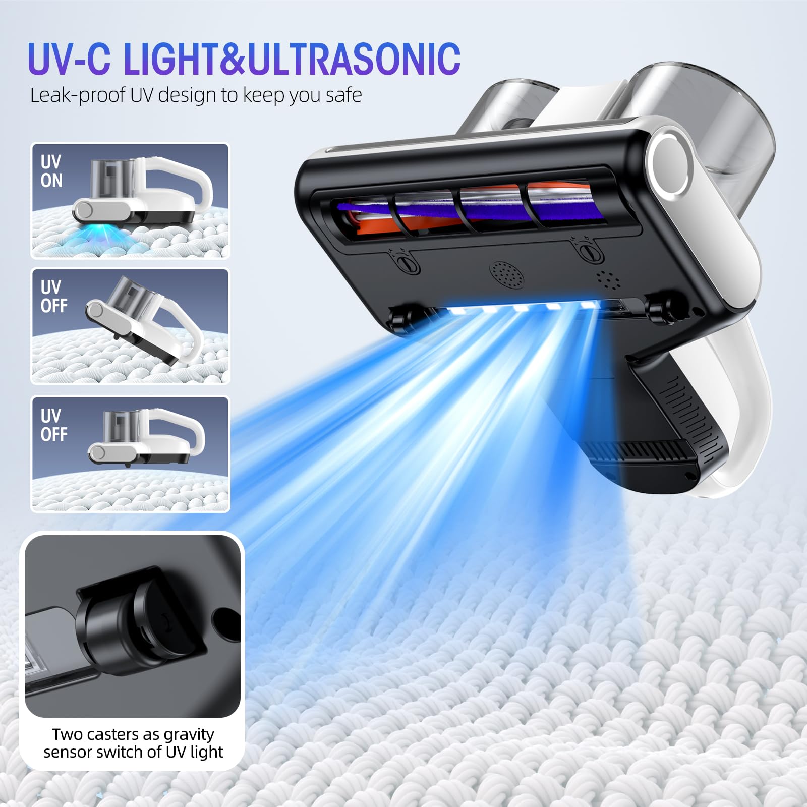Bed Vacuum Cleaner Mattress Vacuum With Uv 16Kpa Suction Hepa Filter 253.7Nm Uv C Light & 30000 Rpm/Min Brushroll Rotation & Hea