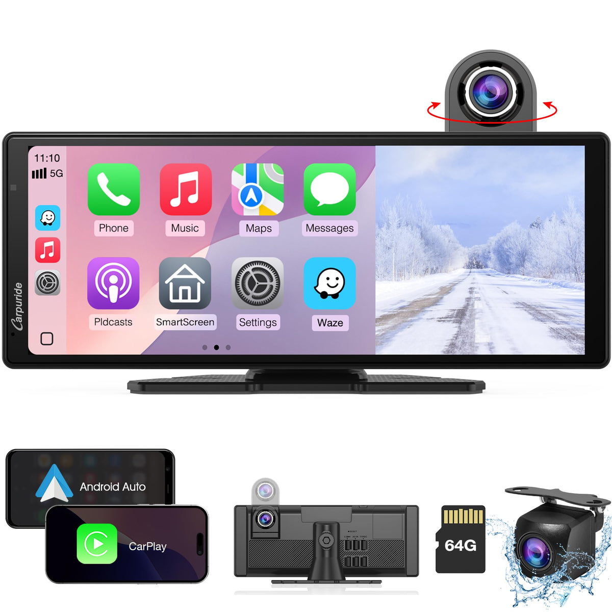 Carpuride Wireless Carplay & Android Auto With Dash Cam   10.26 Inch Hd Ips Touch Car Play Screen For Car, 4K Front & 1080P Rear