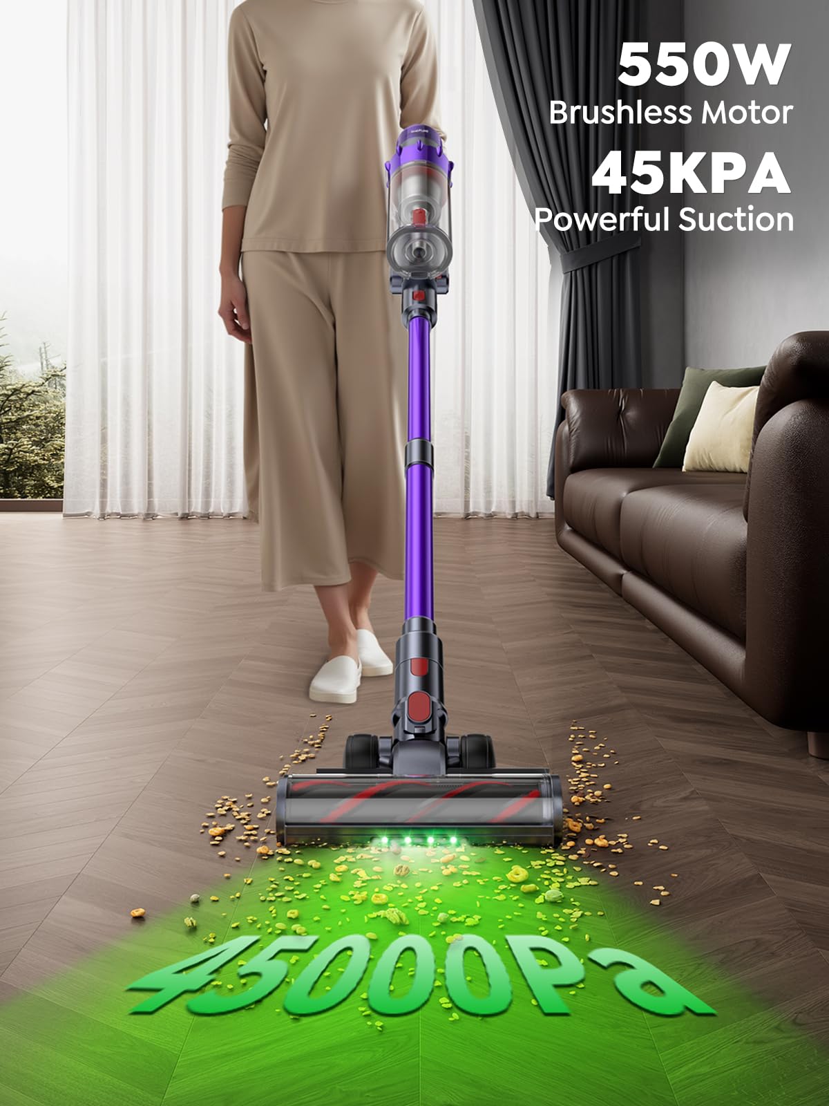 Cordless Vacuum Cleaner, 550W 45Kpa 60 Mins Runtime Vacuum Cleaners For Home, Stick Vacuum With Self Standing, Wall Mount Chargi