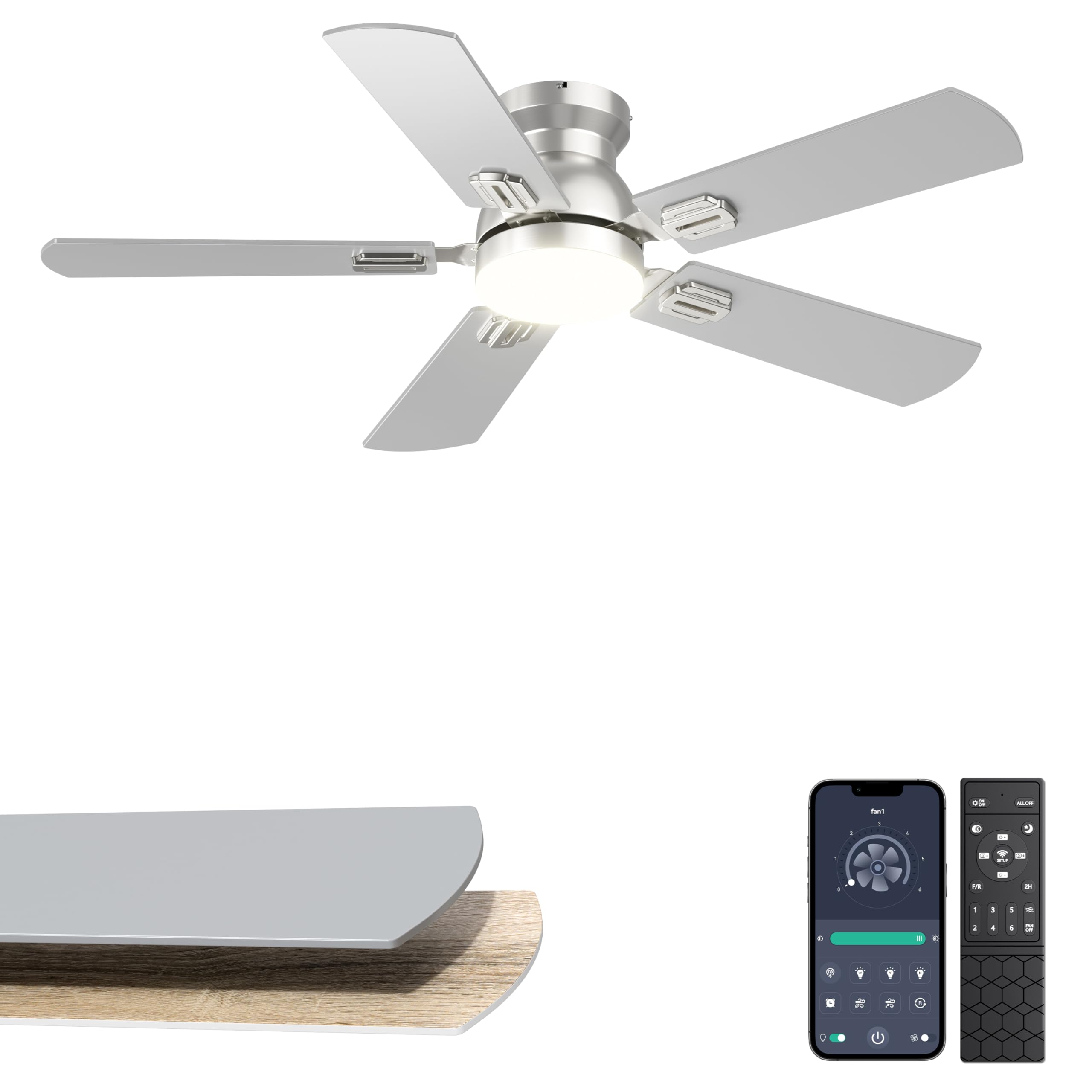 Phylluz 42 Low Profile Ceiling Fan with Light, Small Silver Flush Mount Ceiling Fan for Kids Room & Home Office, Quiet DC Moto