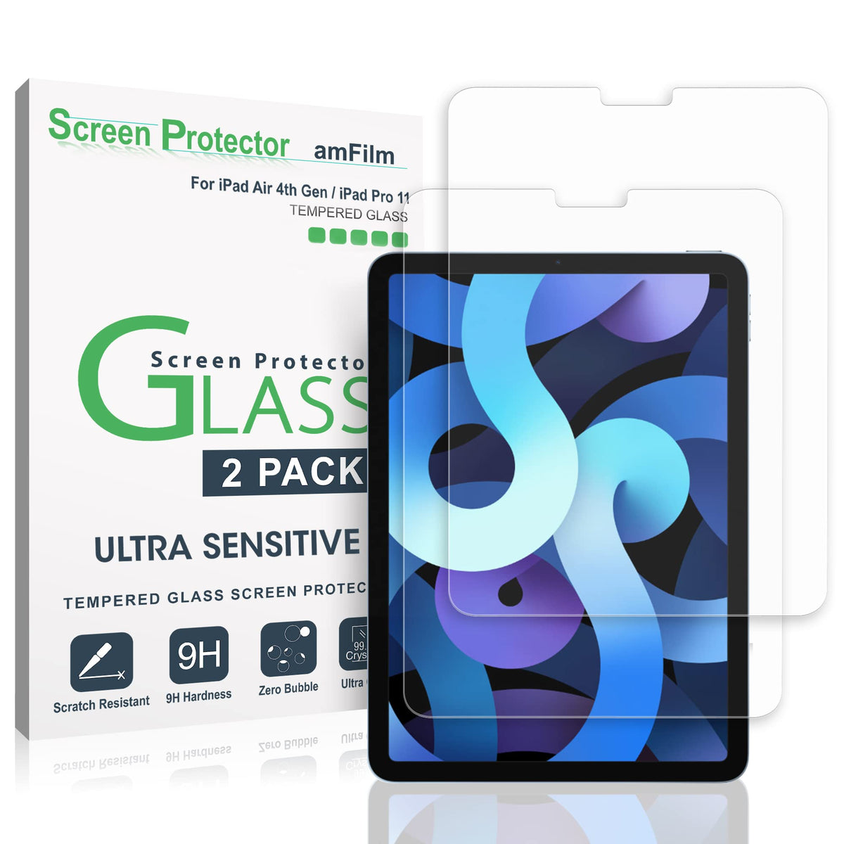 TechMatte Screen Protector Compatible with iPad Air 5/Air 4/iPad Pro 11, Ultra Sensitive, Face ID & Apple Pencil Compatible, Tempered Glass, Pack of 2