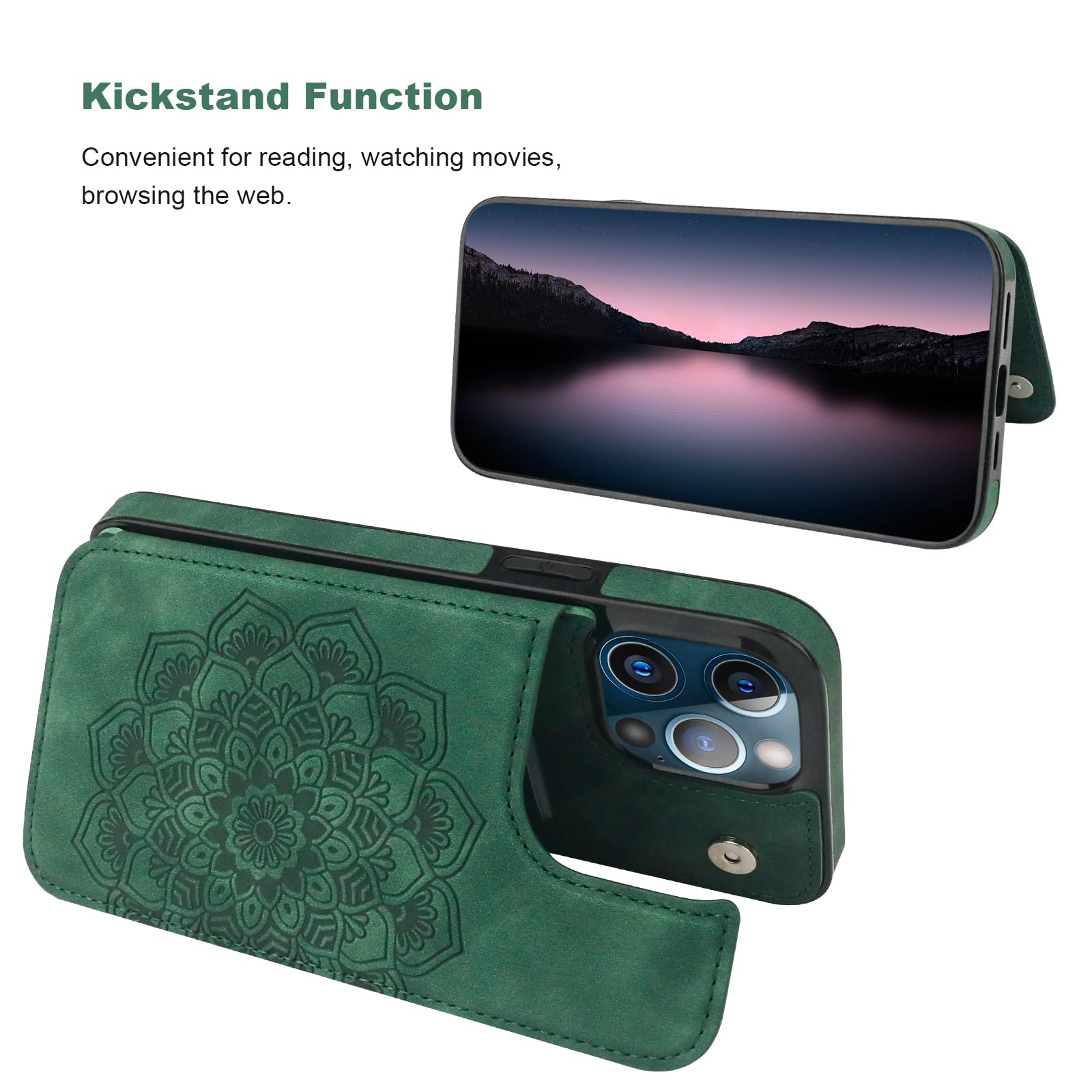 Vaburs Compatible With Iphone 13 Pro Max Case Wallet With Card Holder, Embossed Mandala Pattern   Flower Pu Leather Double Butto