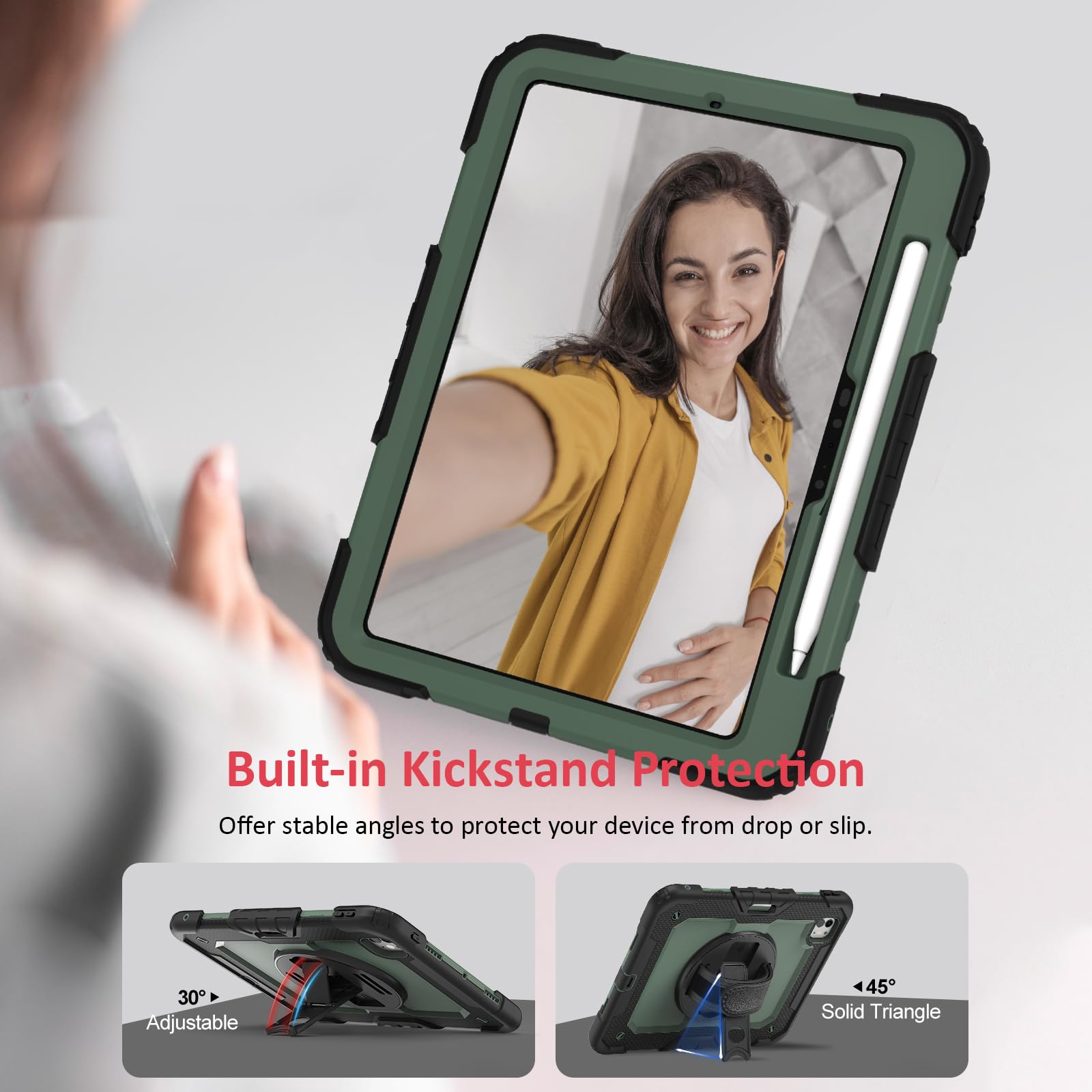 Ambison For Ipad Pro 11 Inch Case 2024(M4, 5Th Generation),With 9H Tempered Glass Screen Protector,Full Body Heavy Duty Shockproof Protective Cover With 360� Rotate Strap Stand,Pencil Holder Green