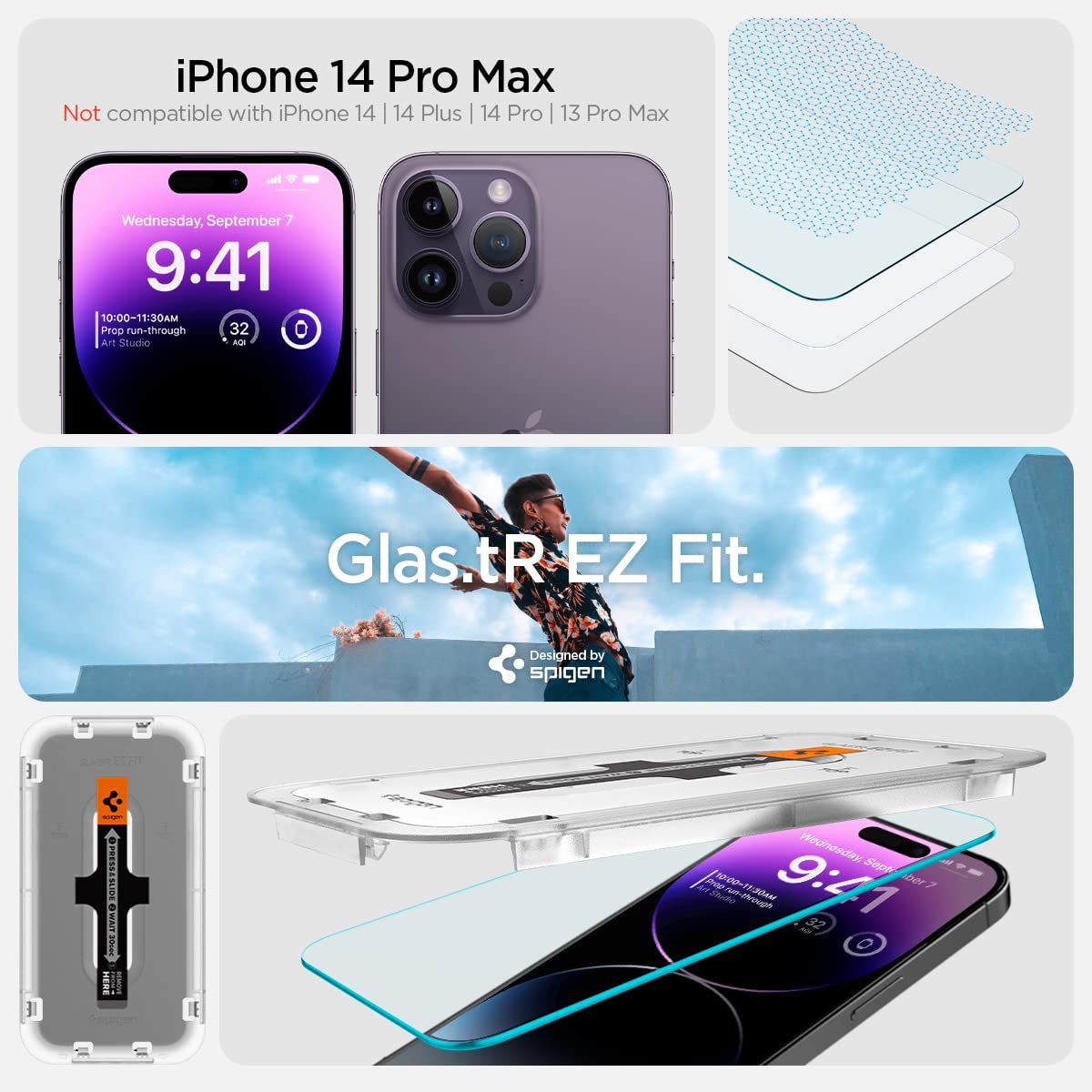 Spigen Tempered Glass Screen Protector for iPhone 14 Pro Max - Case Friendly, 2 Pack, GlasTR EZ FIT, Sensor Protection