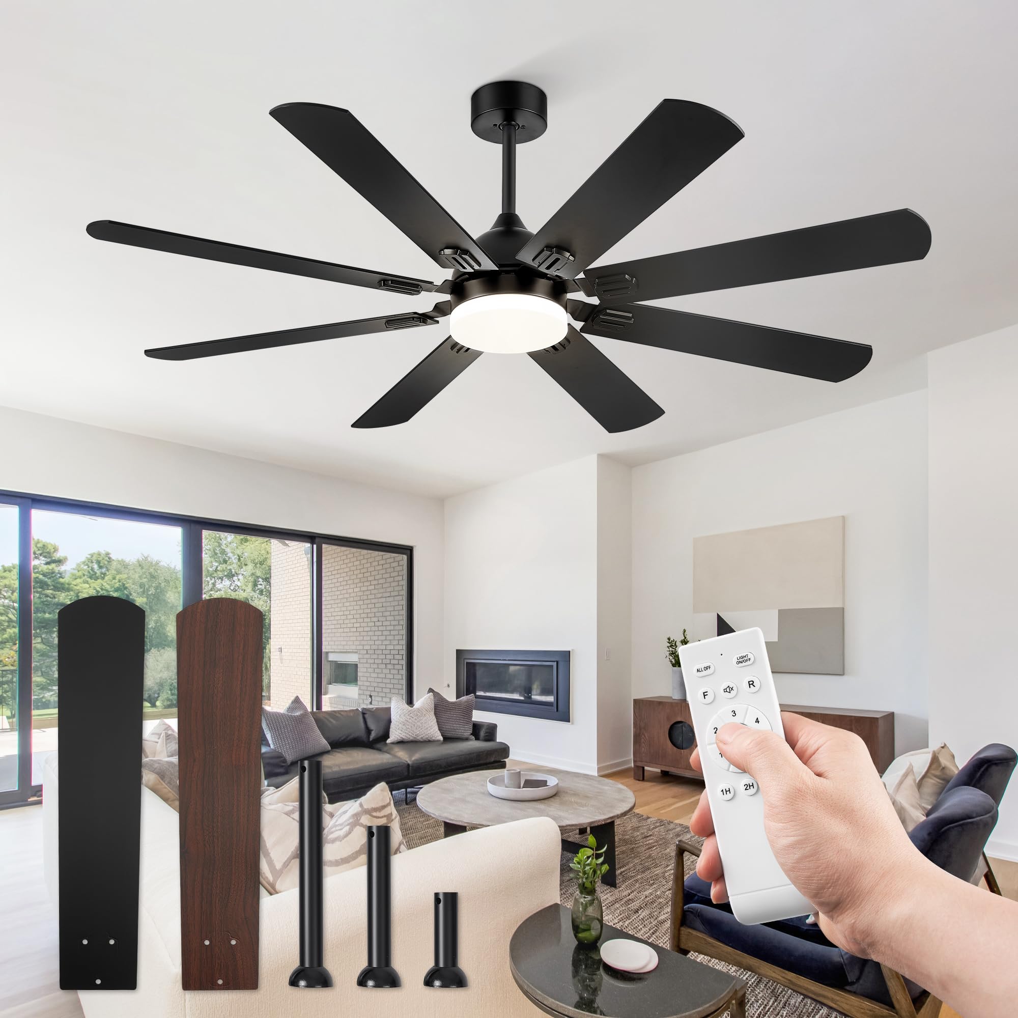 Fanbulous 62 Inch Ceiling Fans With Lights, Black Modern Ceiling Fan With Remote,Large Farmhouse Indoor & Outdoor Ceiling Fan Wi