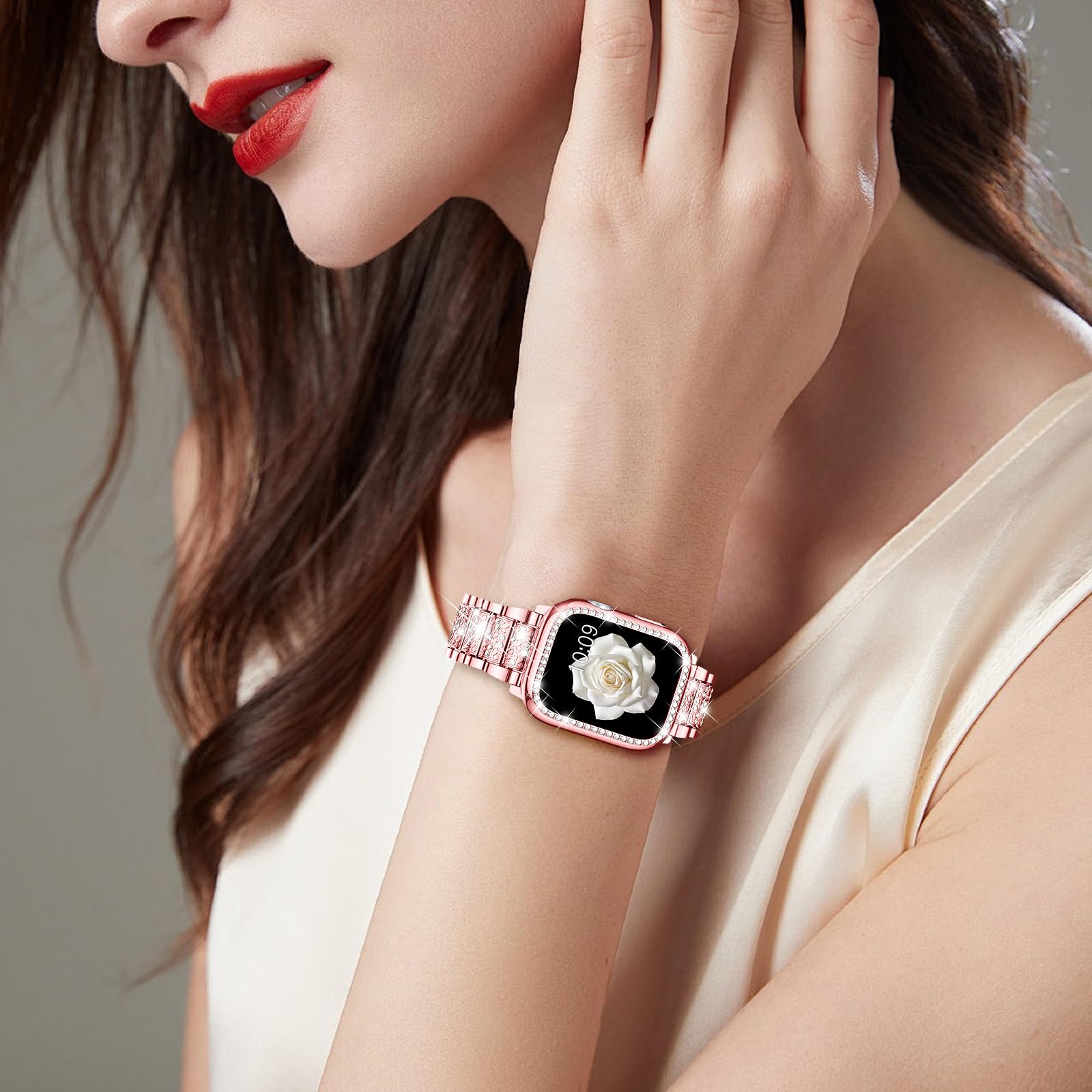 Mosonio Compatible With Apple Watch Band 44Mm With Case Women, Jewelry Replacement Metal Wristband Strap With 2 Pack Bling Pc Pr