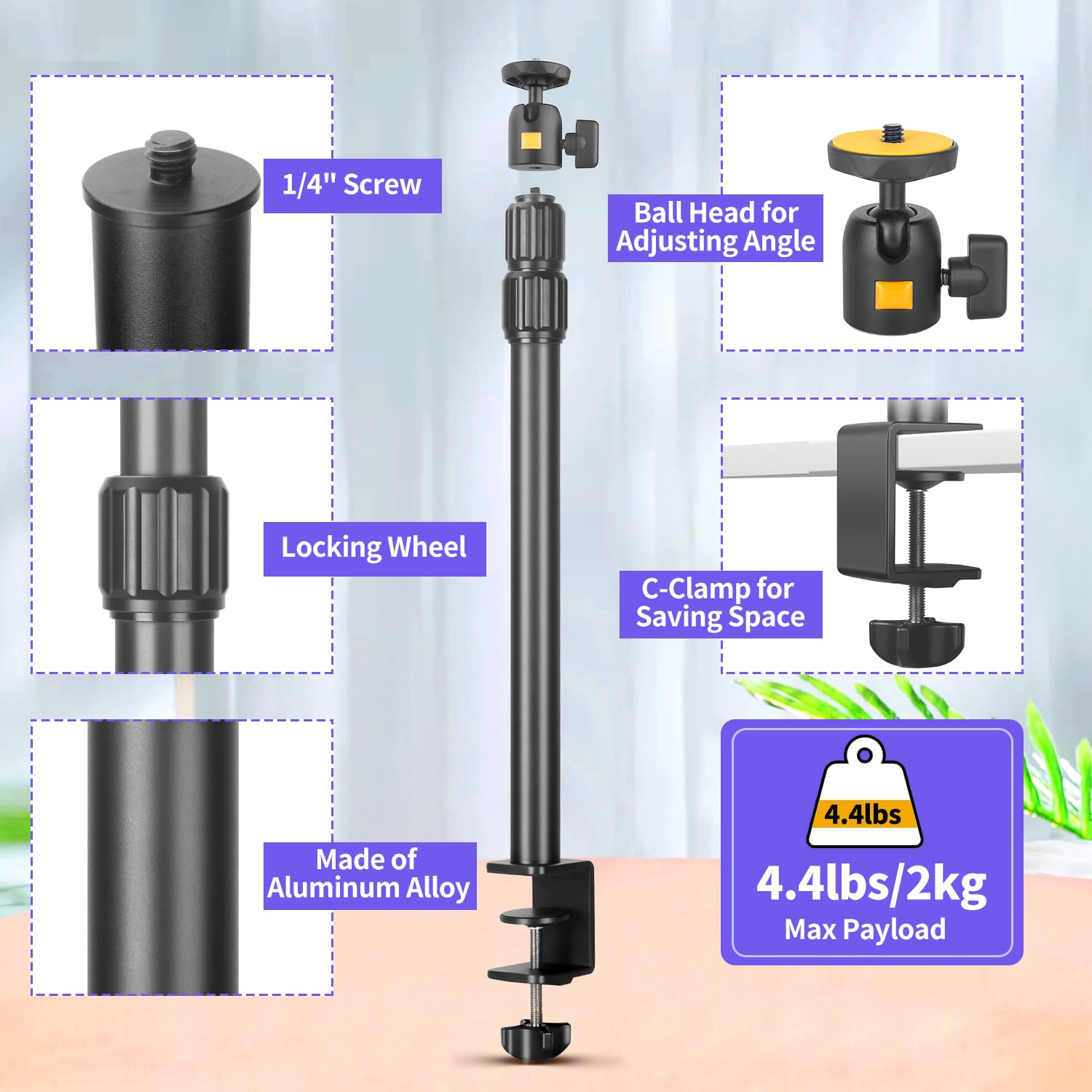 Camera Desk Mount Webcam Stand With 360 Ball Head, Adjustable Table Light Stand 14.4'' 32.3'', Tabletop C Clamp For Dslr Camera,
