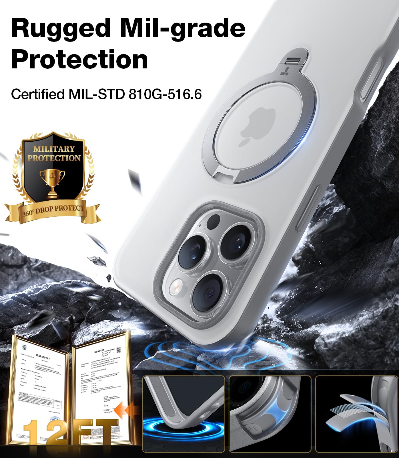 Torras 360 Spin Magnetic Stand For Iphone 16 Pro Max Case, Fit For Magsafe, 12Ft Mil Std Shockproof Ostand Case For 16 Pro Max P