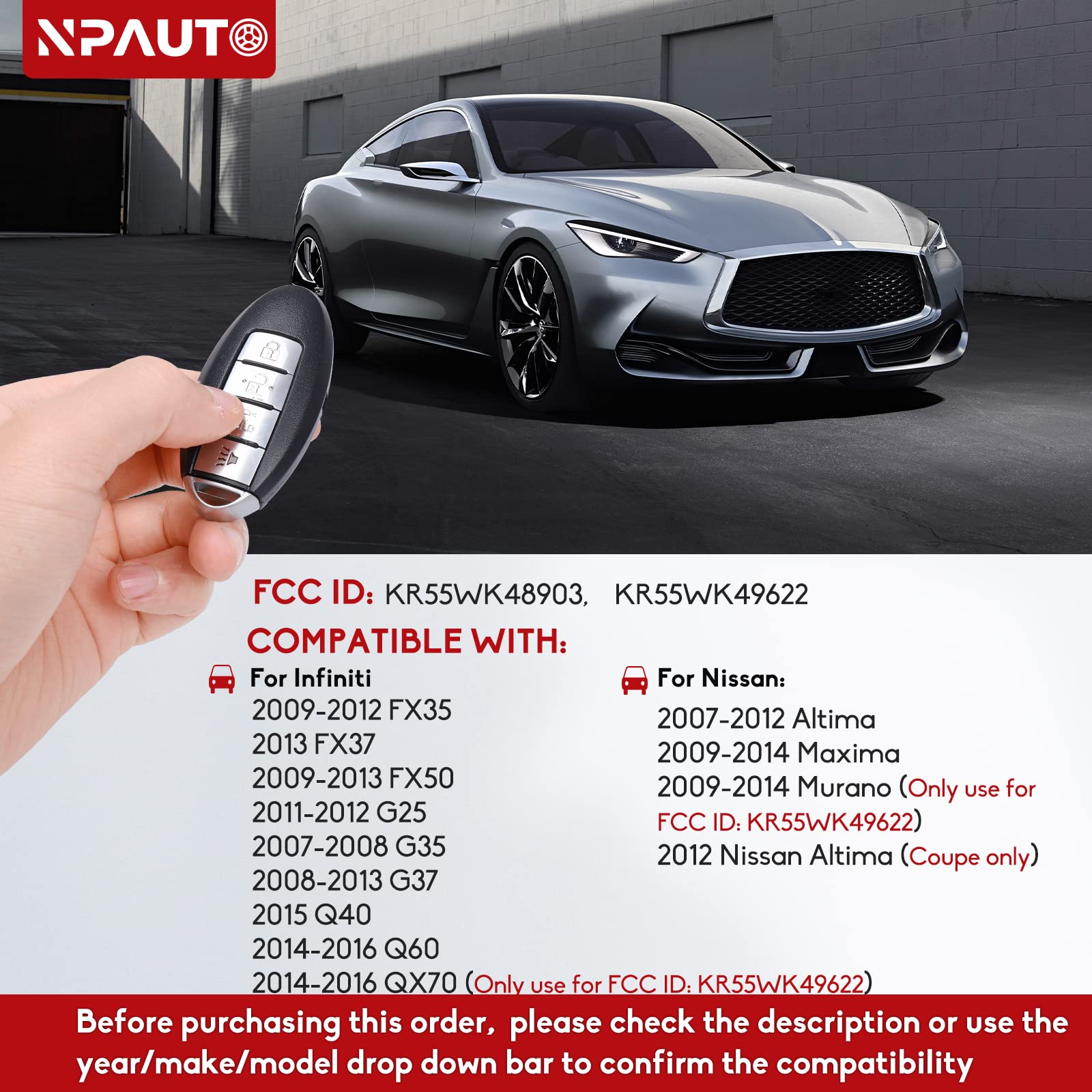 Npauto Key Fob Replacement Fits For Nissan Altima 2007-2012, Maxima Murano 09-14, Infiniti G25 G35 G37 Fx35 Q60 & More Keyless E