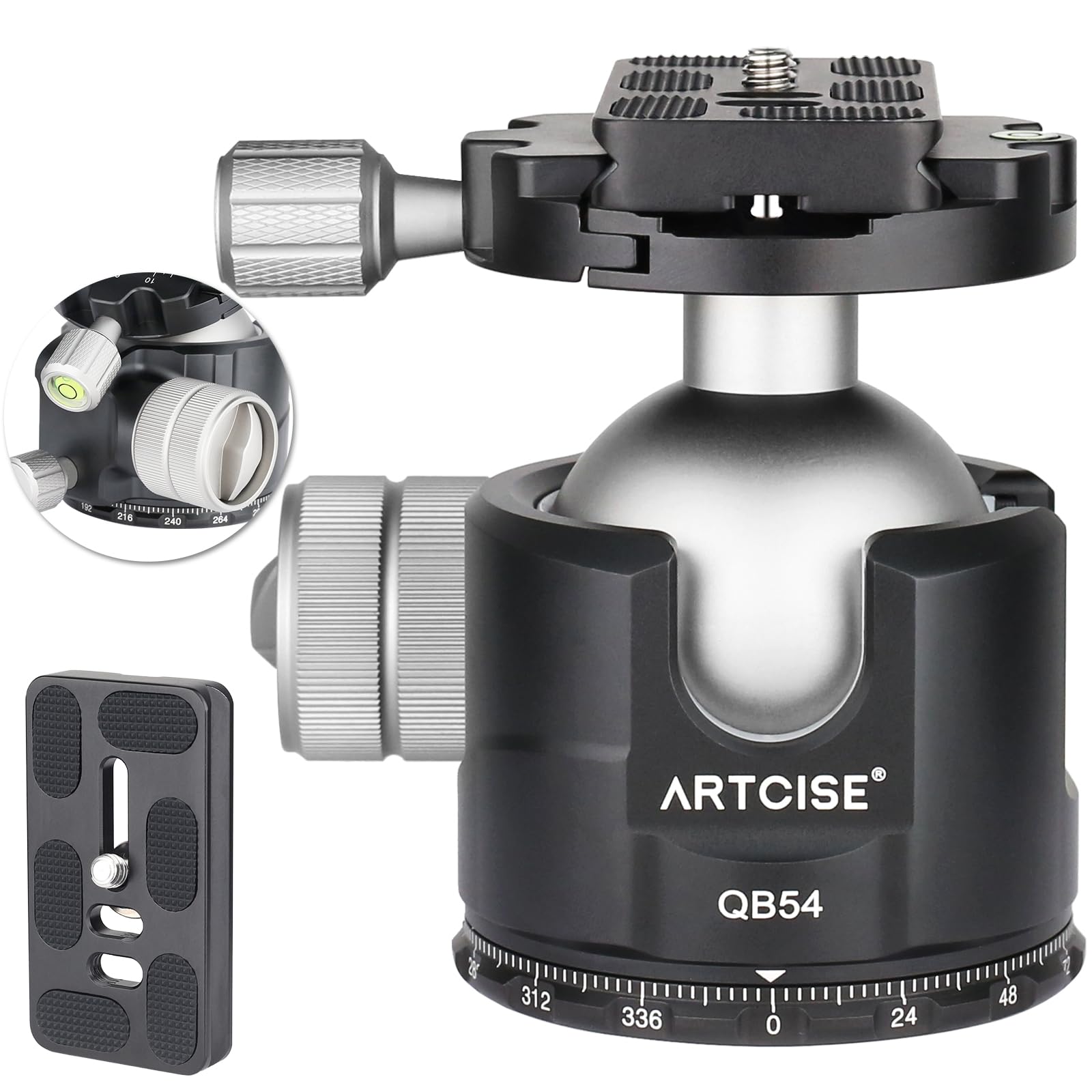 Low Profile Ball Head Unique 54Mm Ball 360 Panoramic Tripod Head Cnc Aluminium Alloy Metal Ball Head Arca Swiss Quick Release Plate Max Loading 77Lbs/35Kg