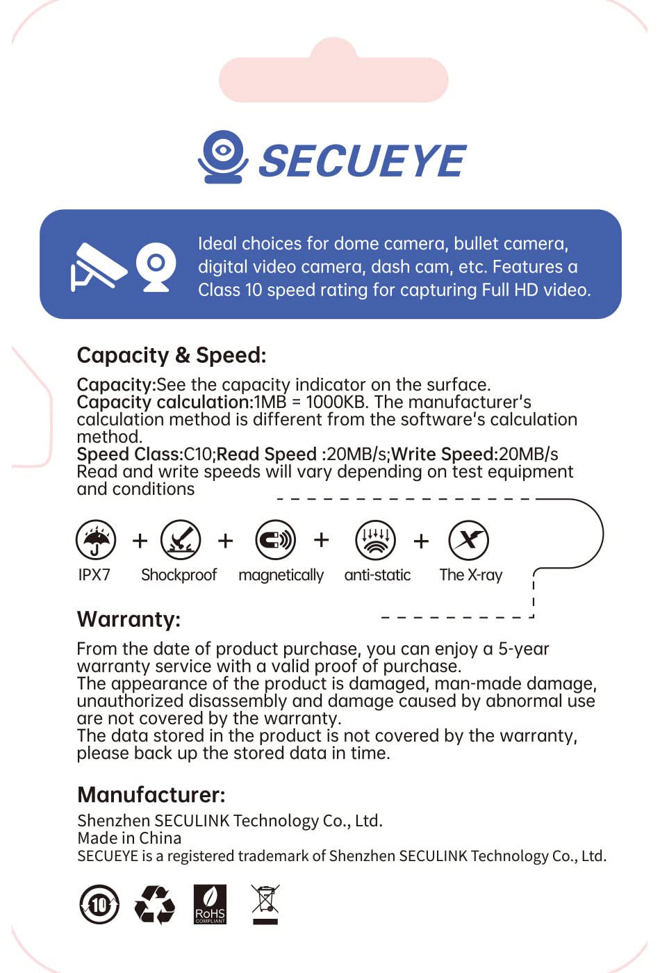 Secueye 32Gb Tf Memory Card Class 10 Fat32 High Speed Reading/Writing For Security Camera Dash Cam 24/7 Recording